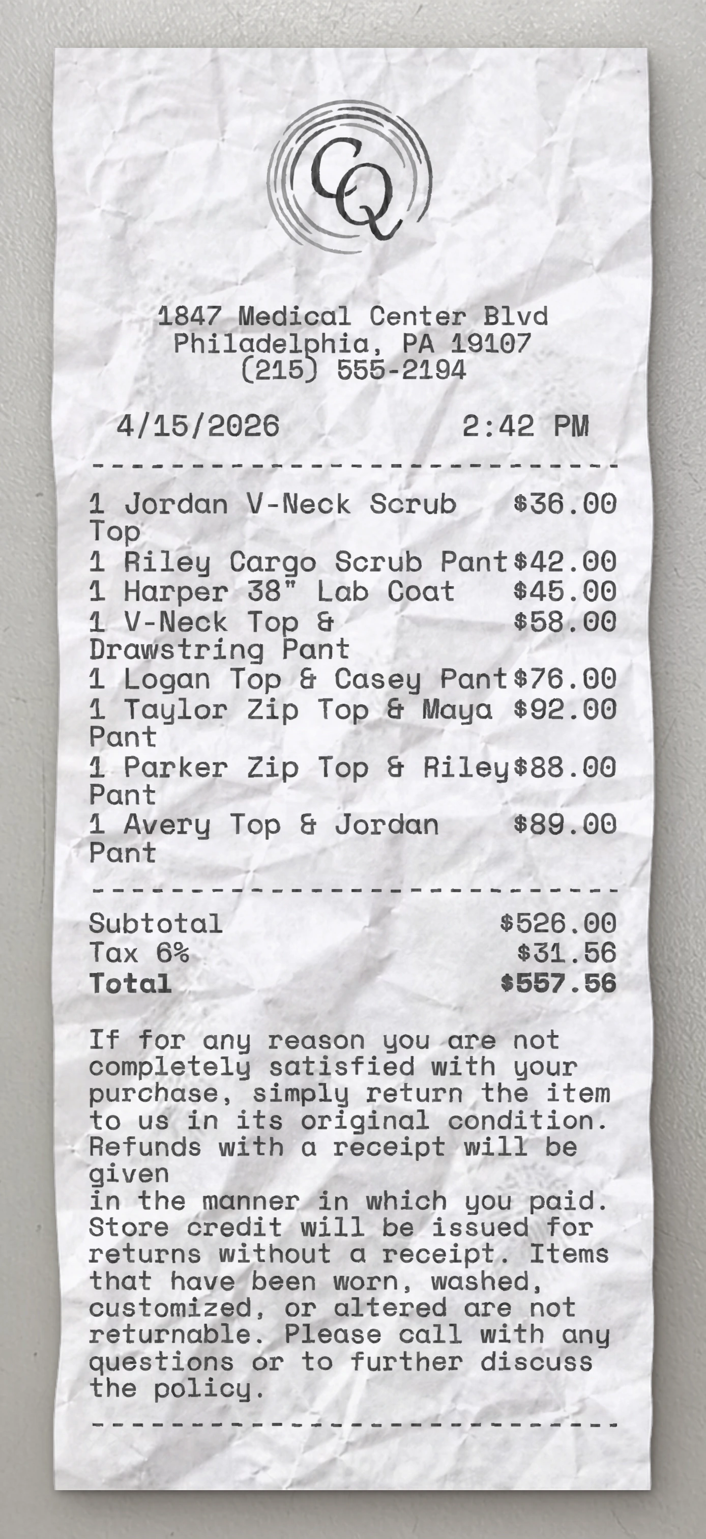 Clothes Quarters receipt preview
