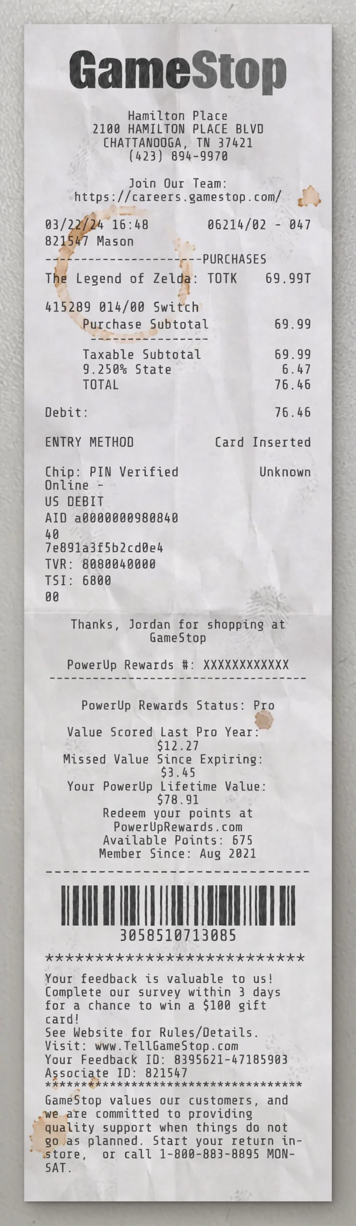 GameStop sample receipt preview