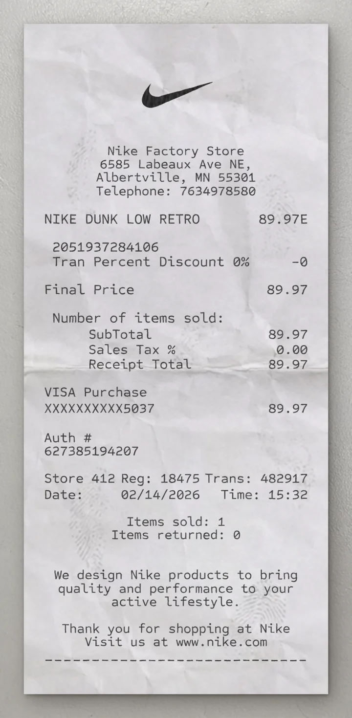 Nike Shoes sample receipt preview