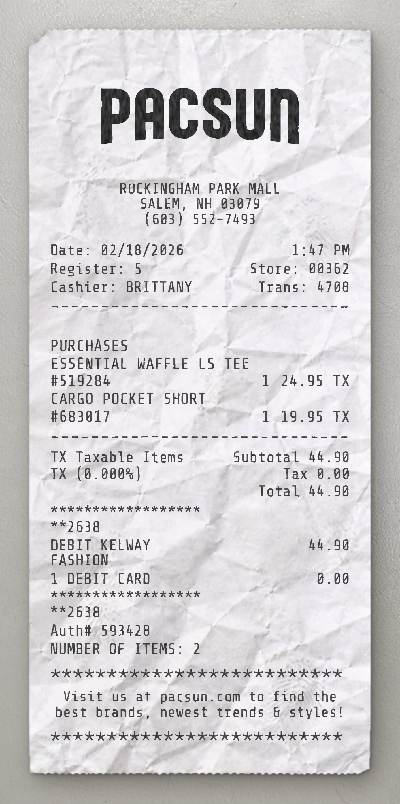 PACSUN sample receipt preview
