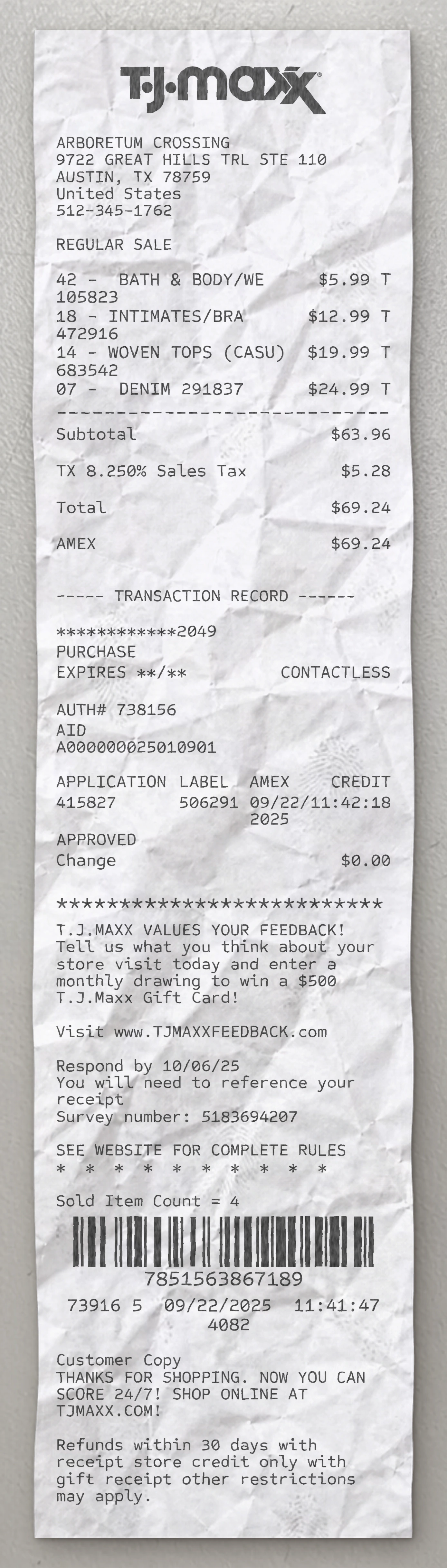 TJ Maxx sample receipt preview
