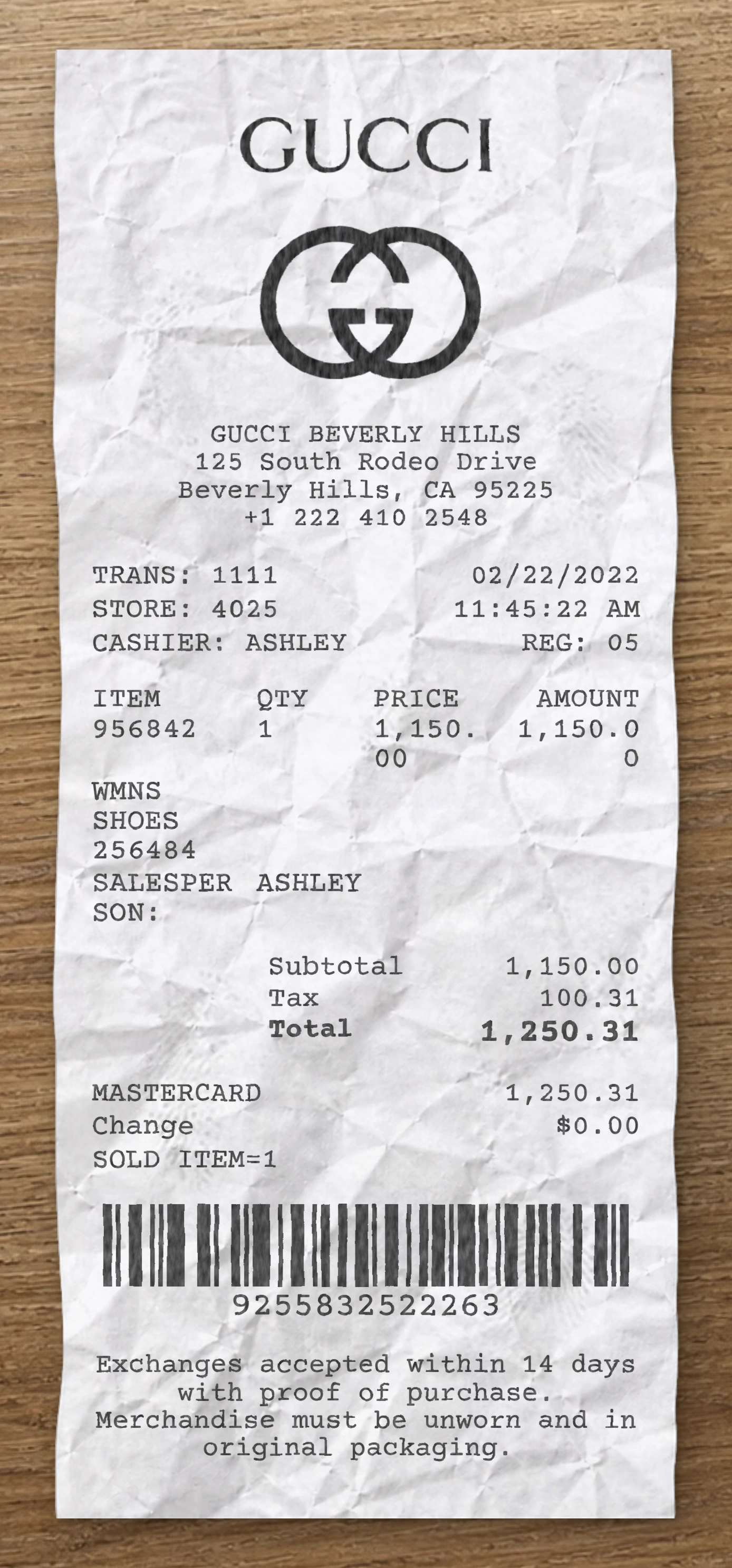 Gucci sample receipt preview