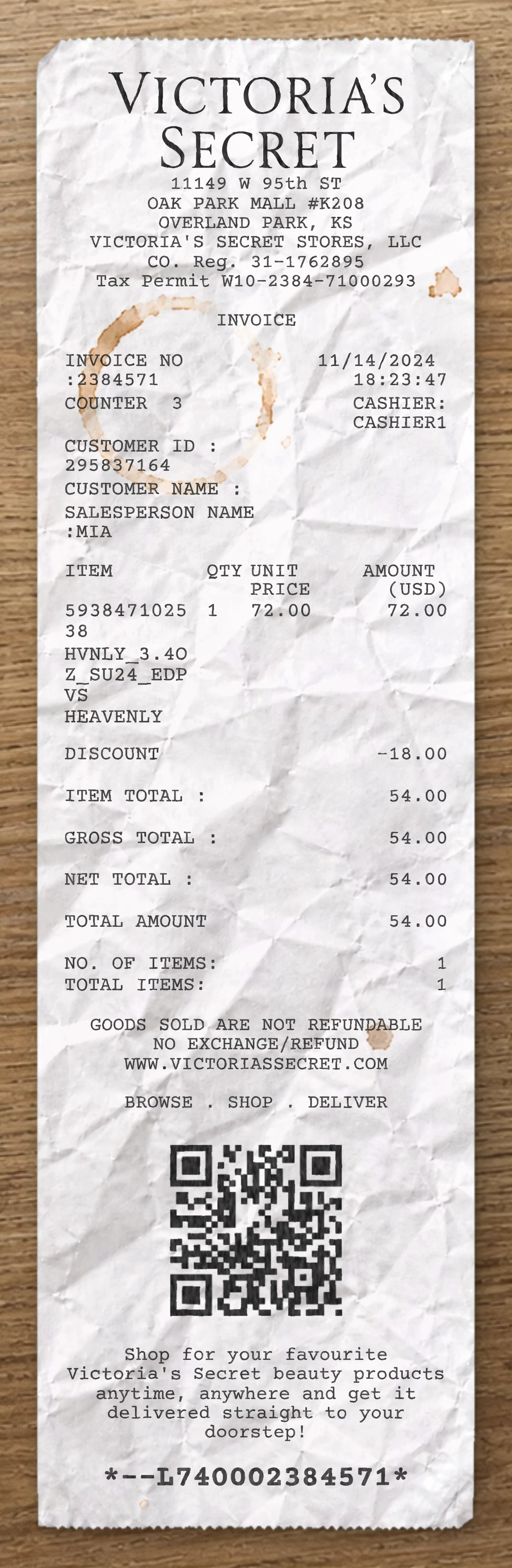 Victoria's Secret sample receipt preview