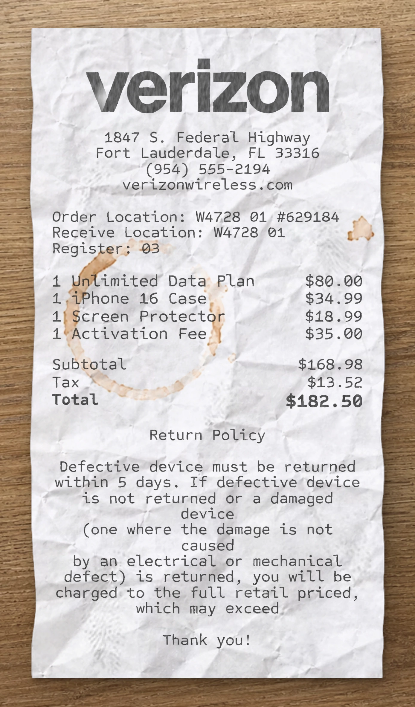Verizon receipt preview