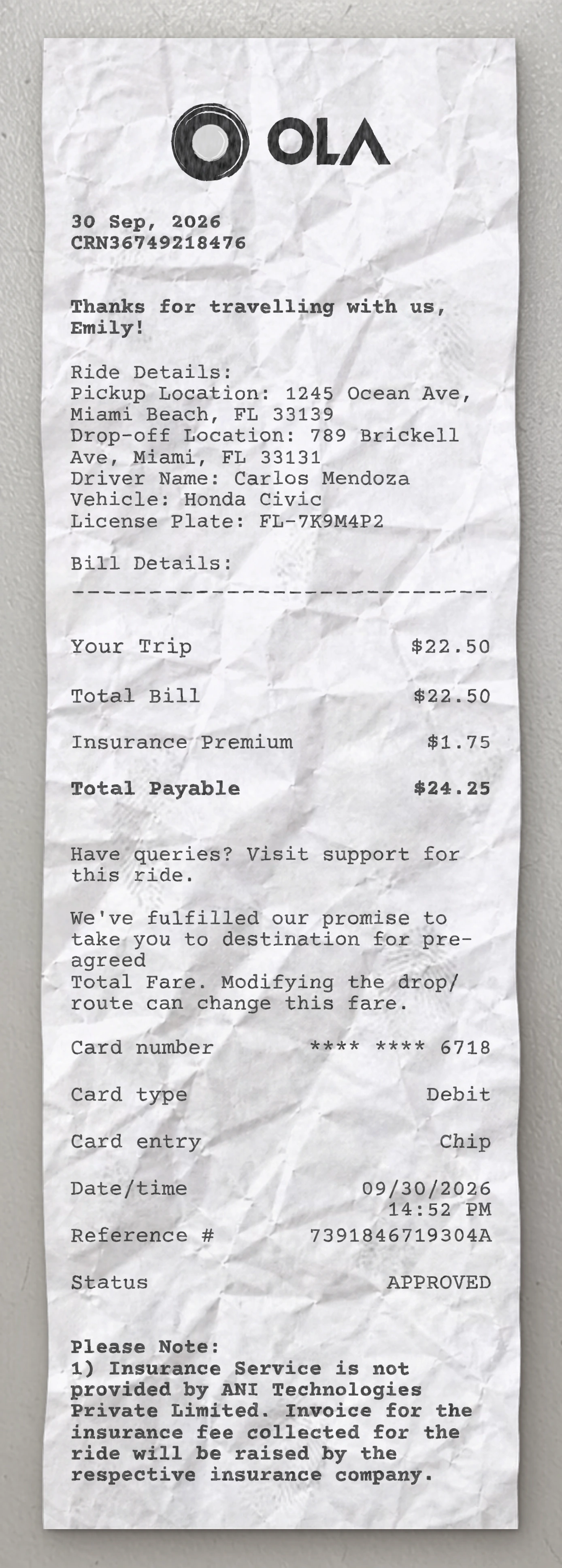 Ola Cab receipt preview
