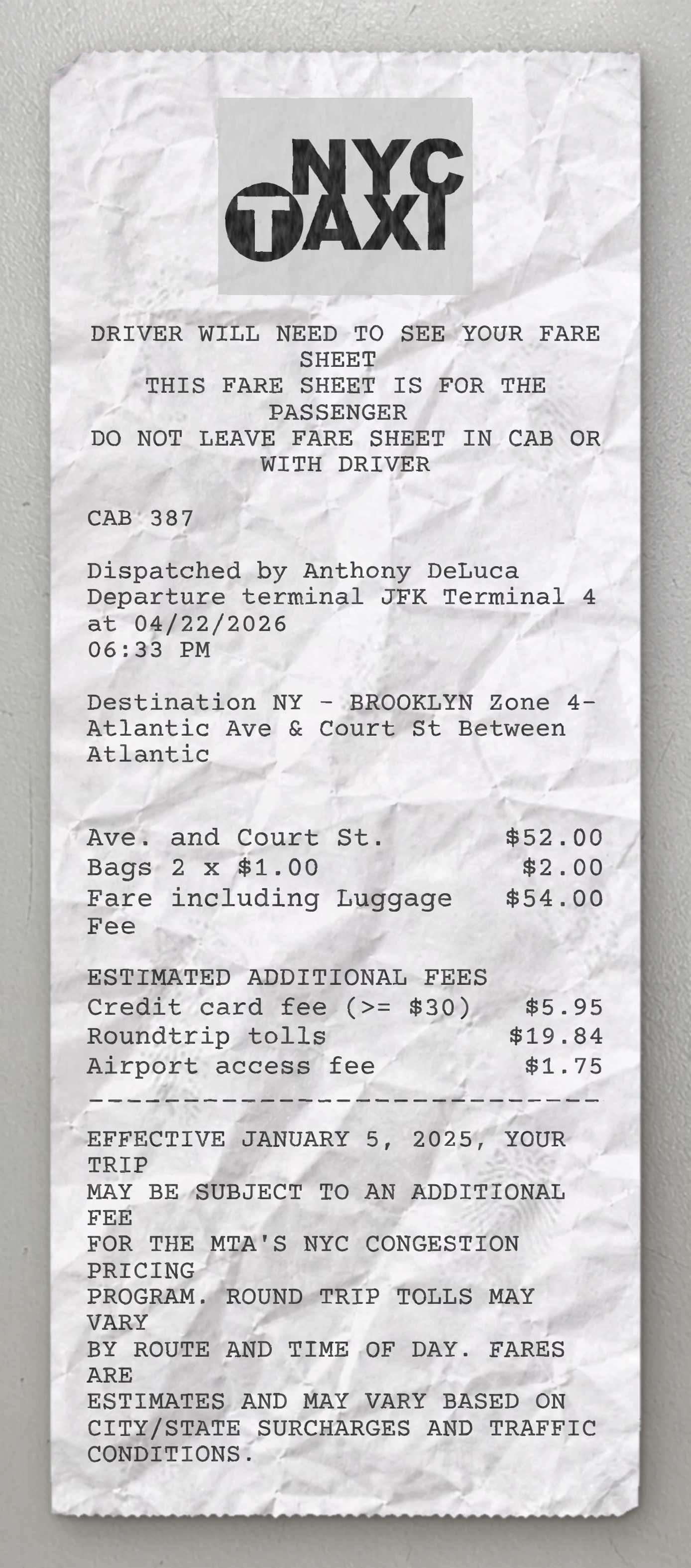 NYC Taxi sample receipt preview