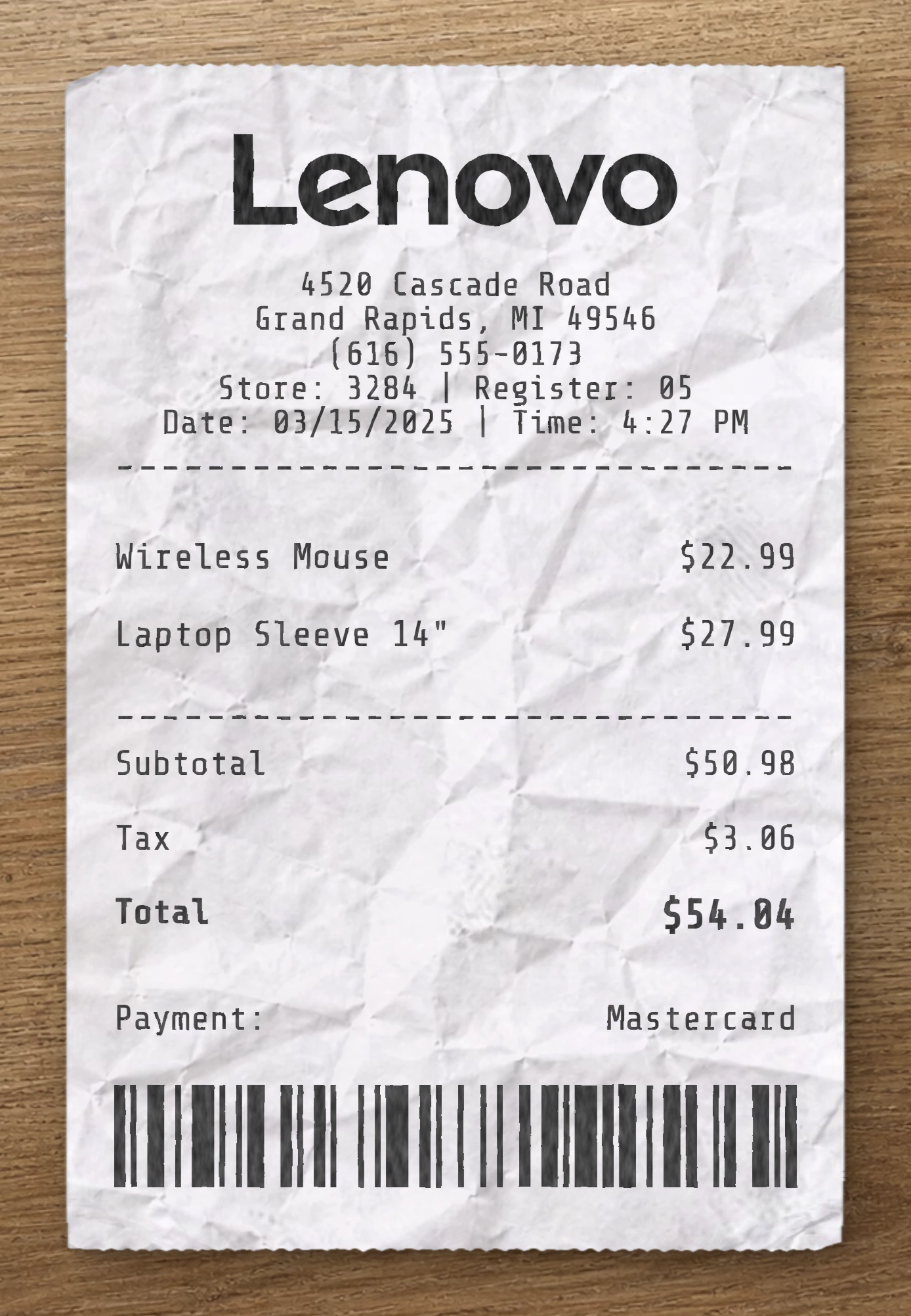Lenovo sample receipt preview