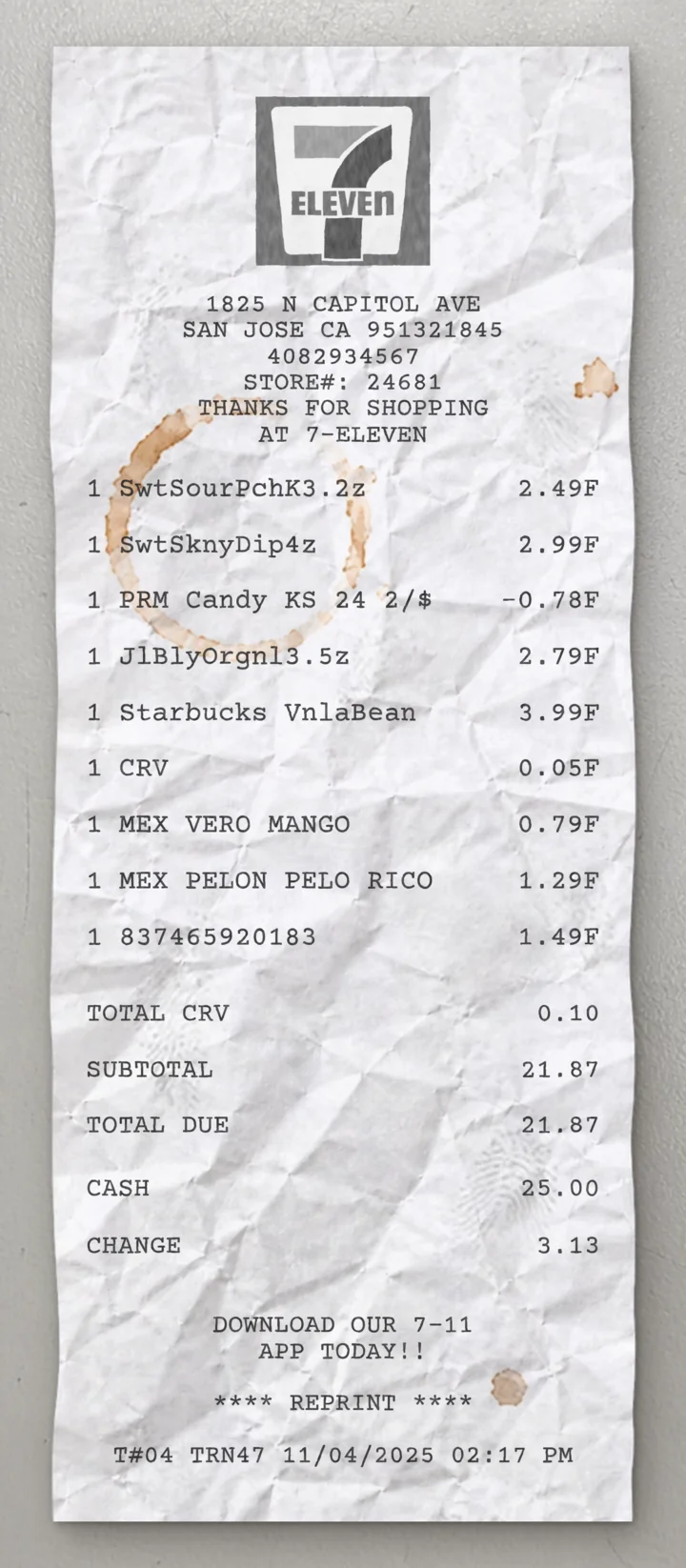 7 Eleven sample receipt preview