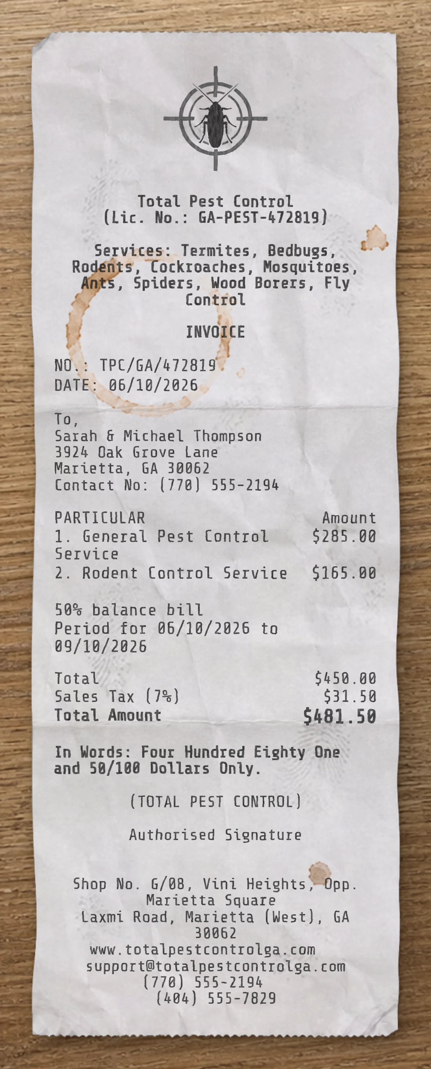 Pest Control receipt preview