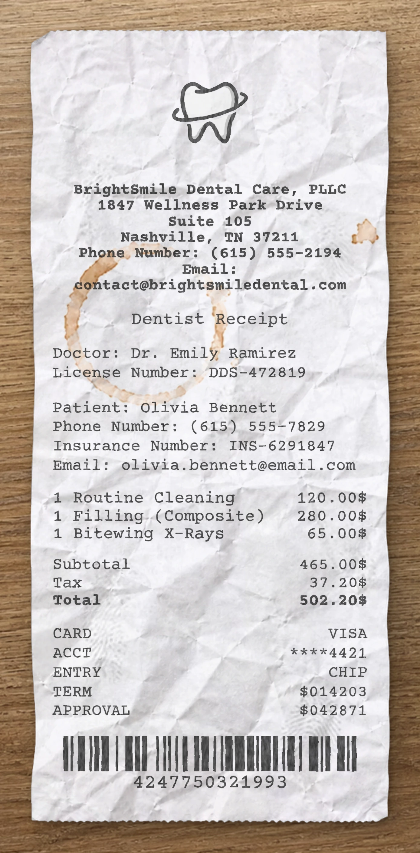 Dental receipt preview