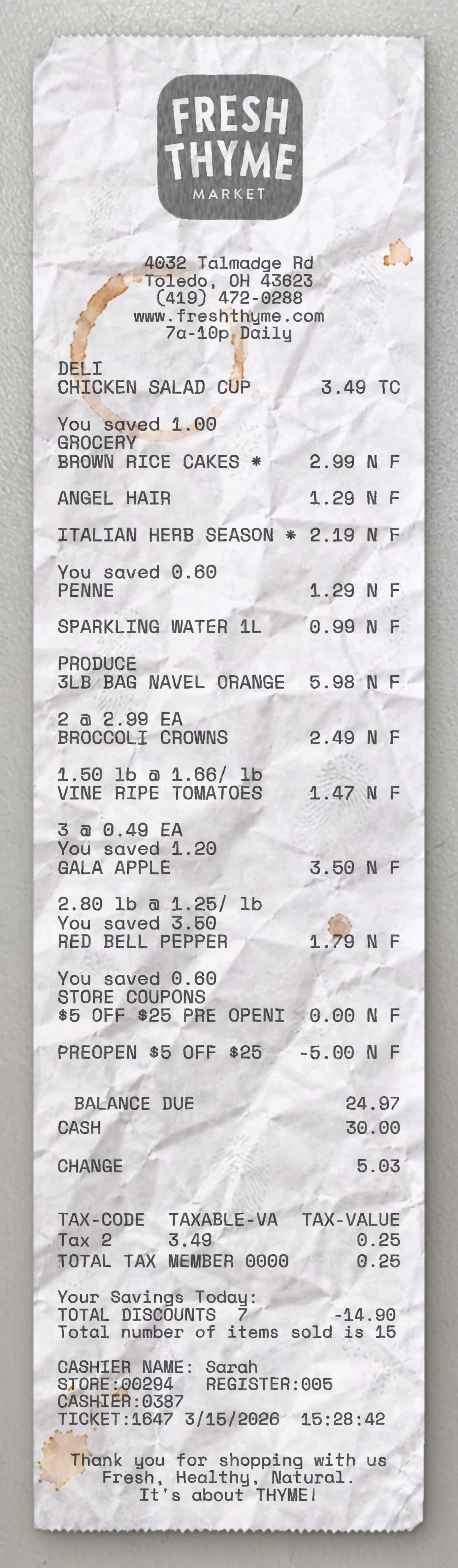 Fresh Thyme Farmers Market sample receipt preview