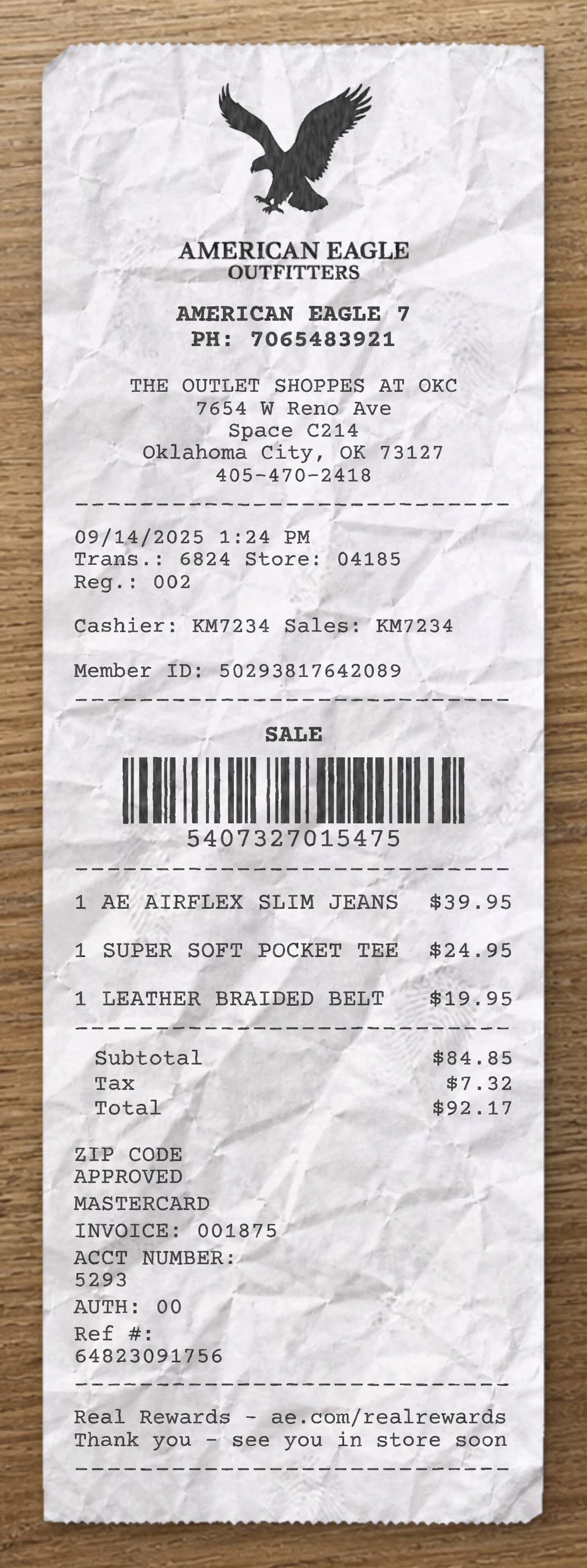 American Eagle sample receipt preview