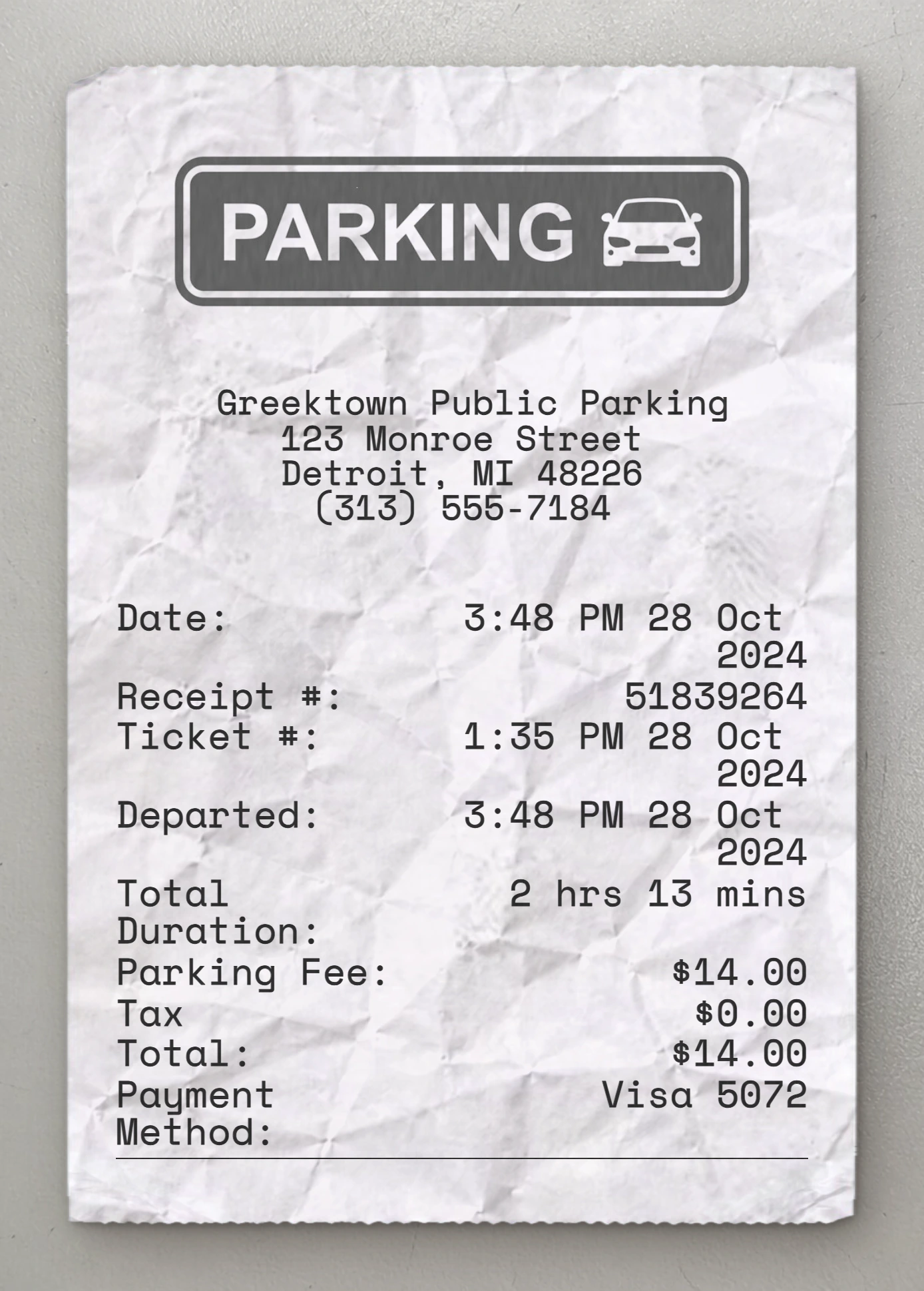 Parking lot sample receipt preview