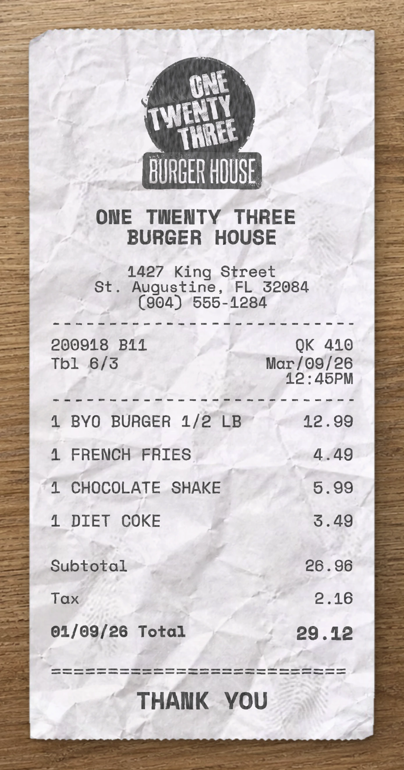 Anteprima dello scontrino One Twenty Three Burger House