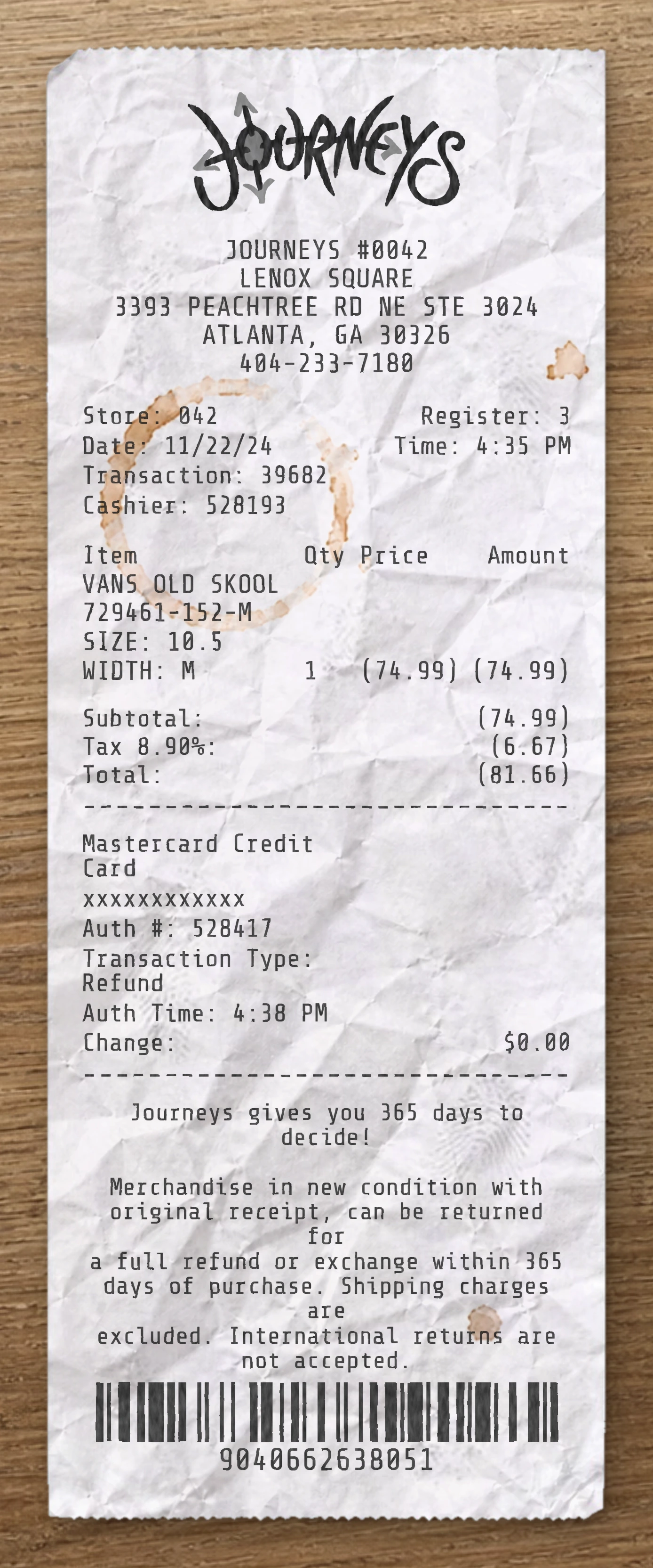 Journeys sample receipt preview