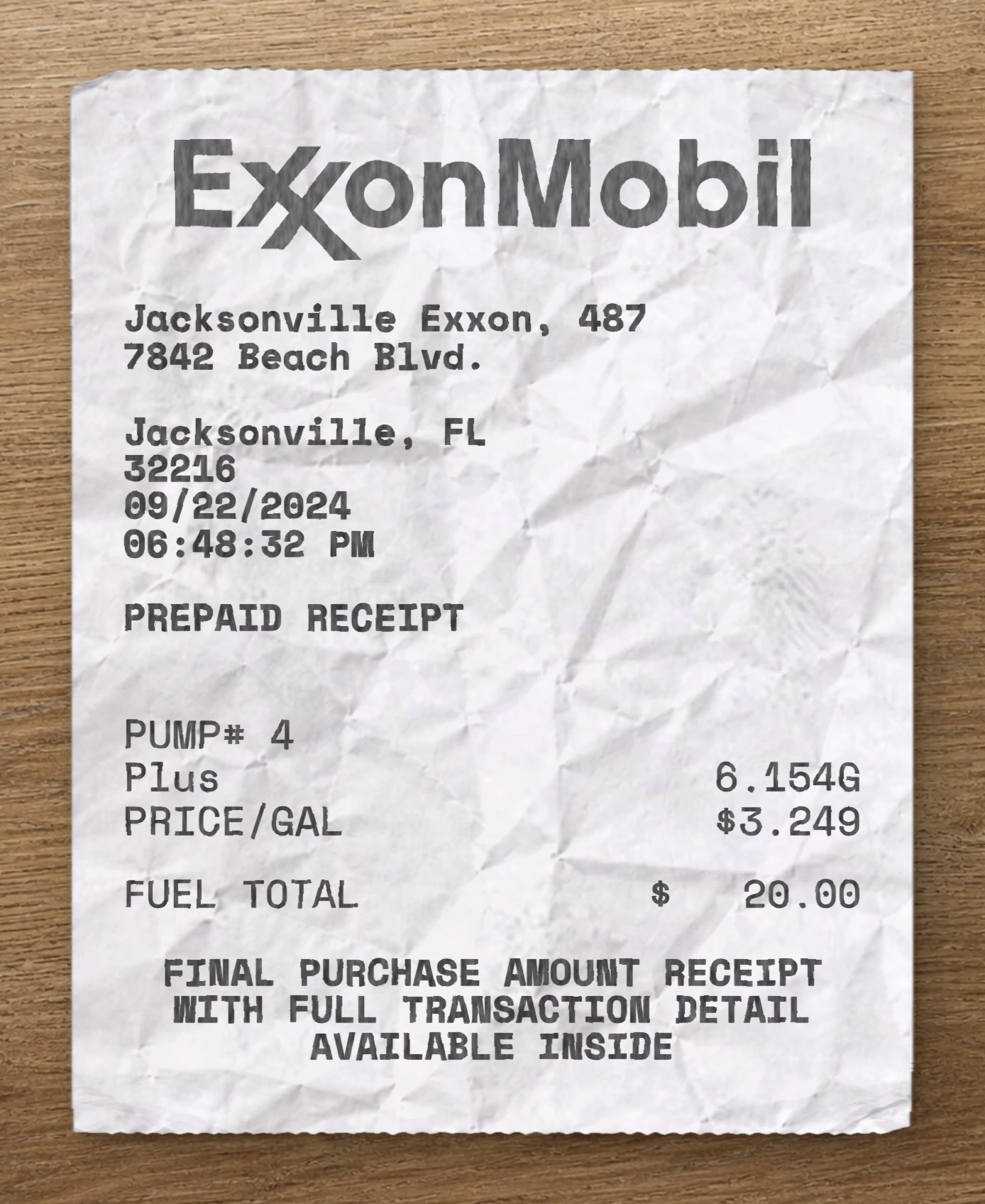 ExxonMobil sample receipt preview