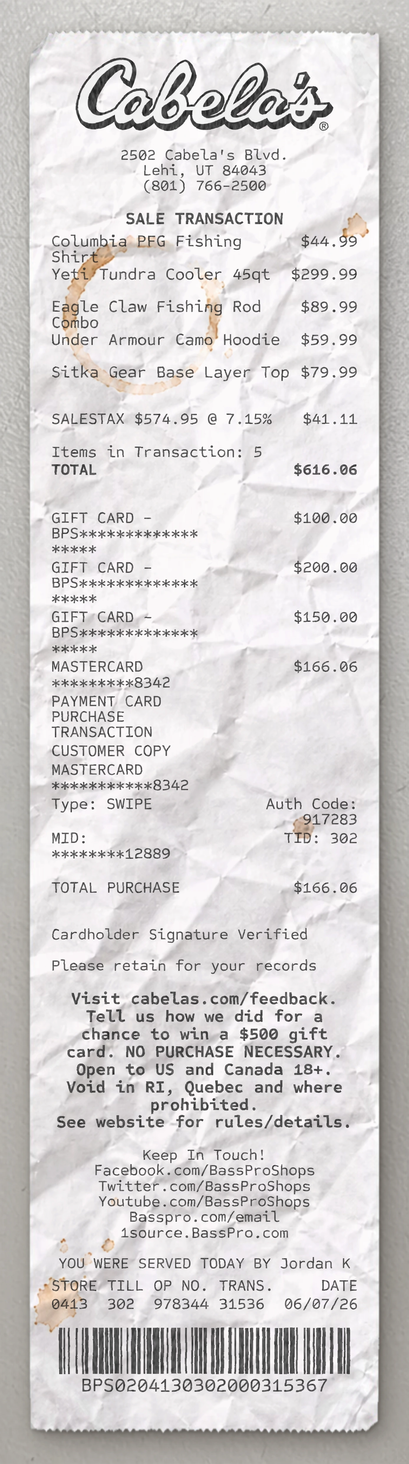 Cabela's receipt preview