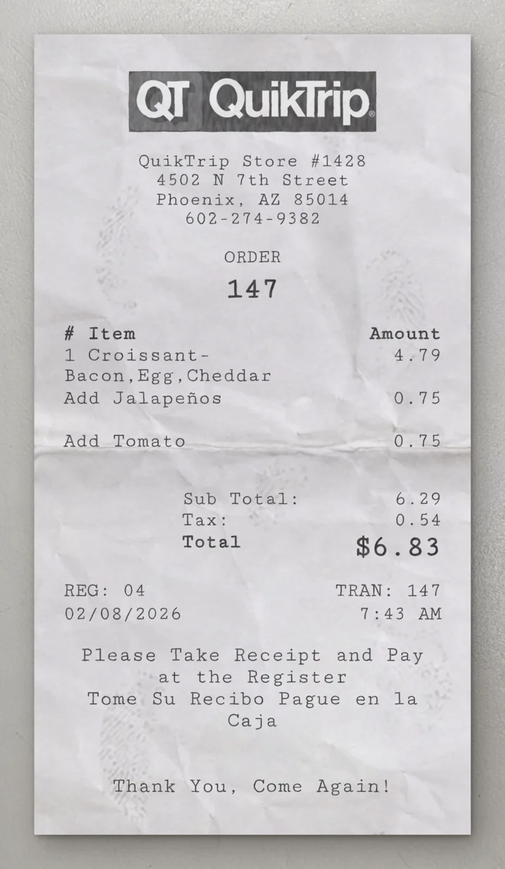 QuikTrip sample receipt preview