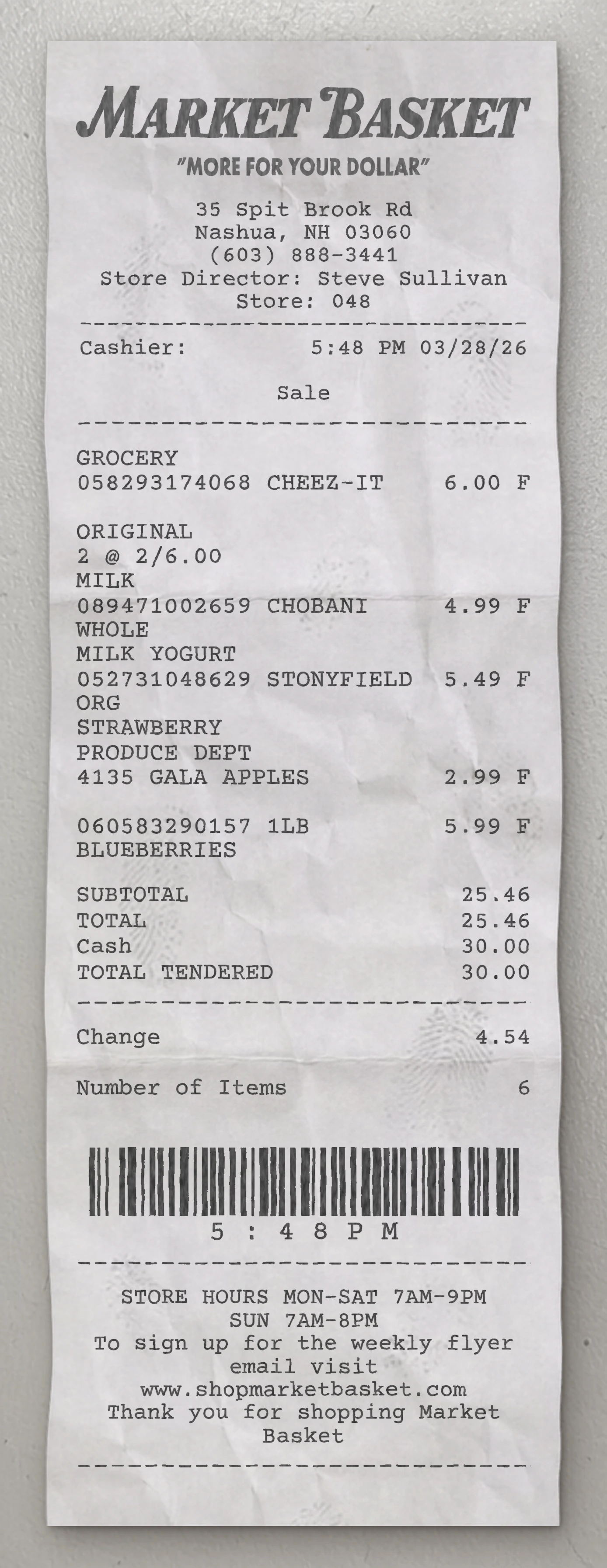 Market Basket sample receipt preview