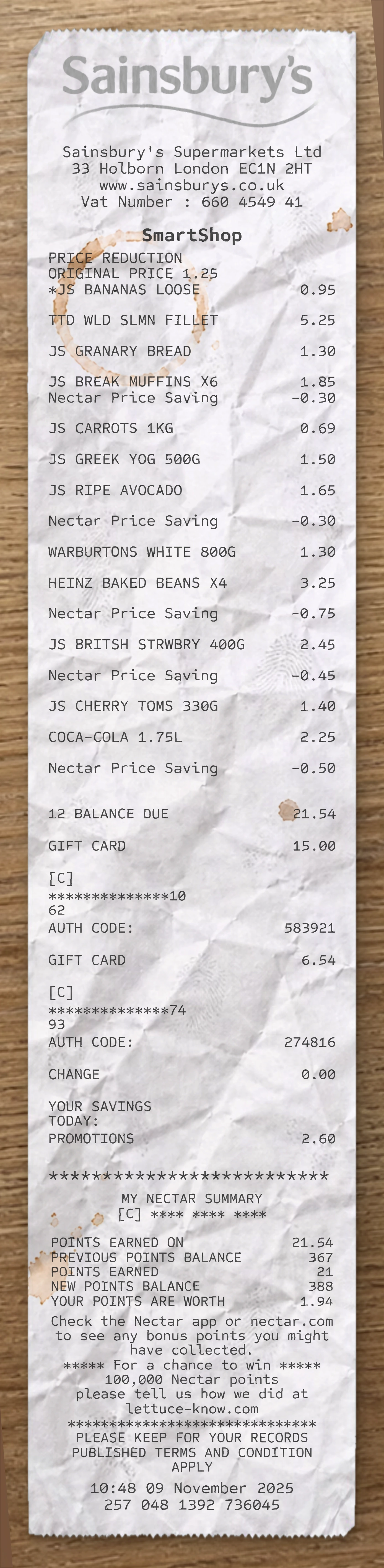 Sainsbury's sample receipt preview