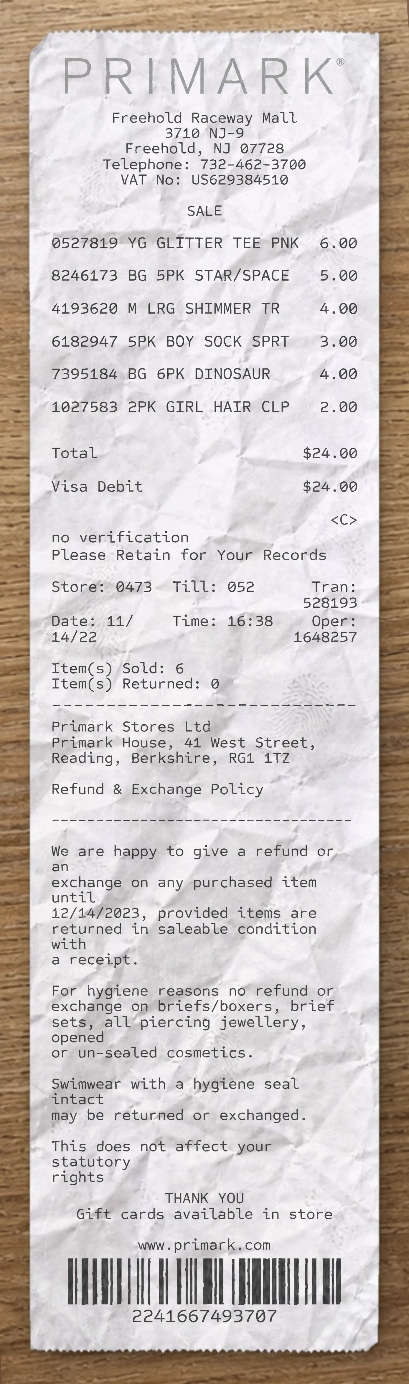 Primark sample receipt preview