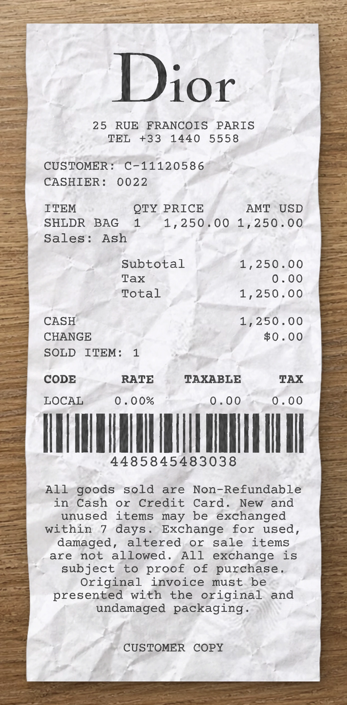 Dior sample receipt preview