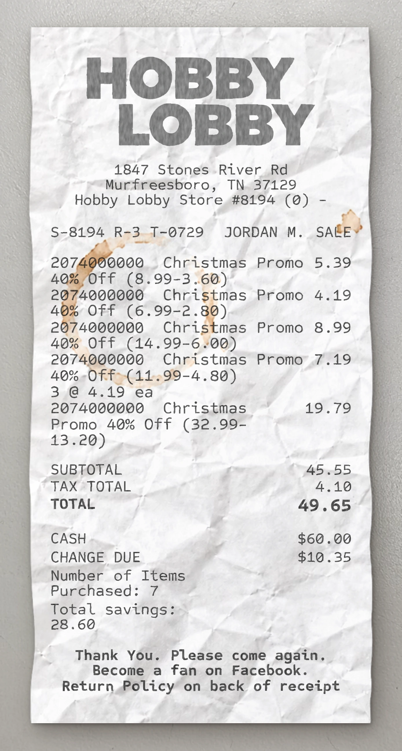 Hobby Lobby receipt preview
