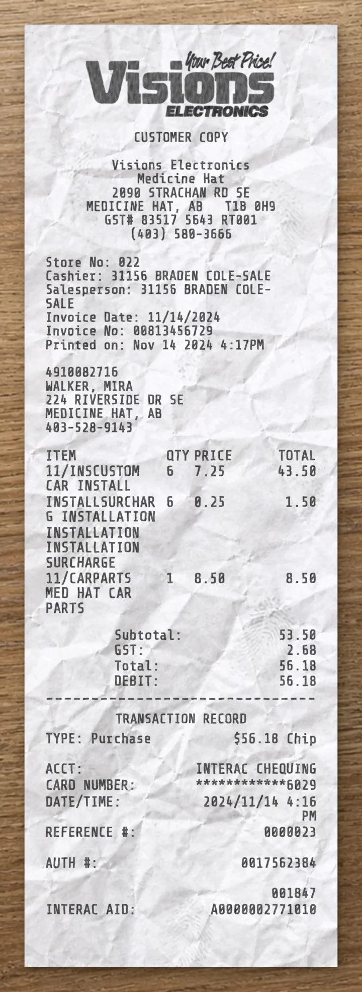 Visions Electronics sample receipt preview