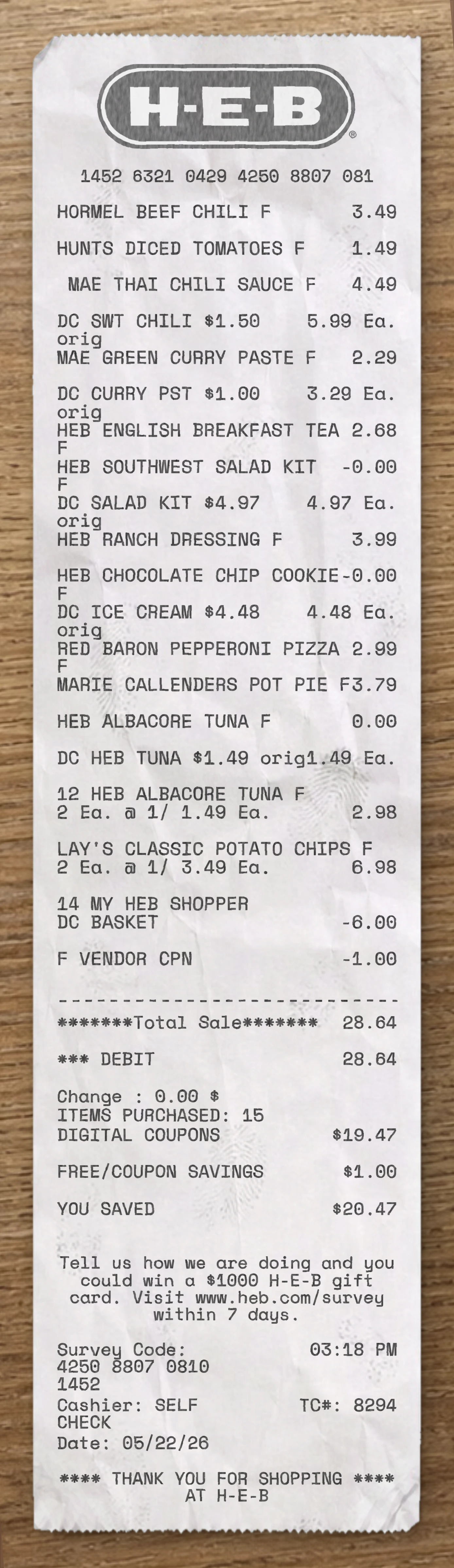 H E B sample receipt preview