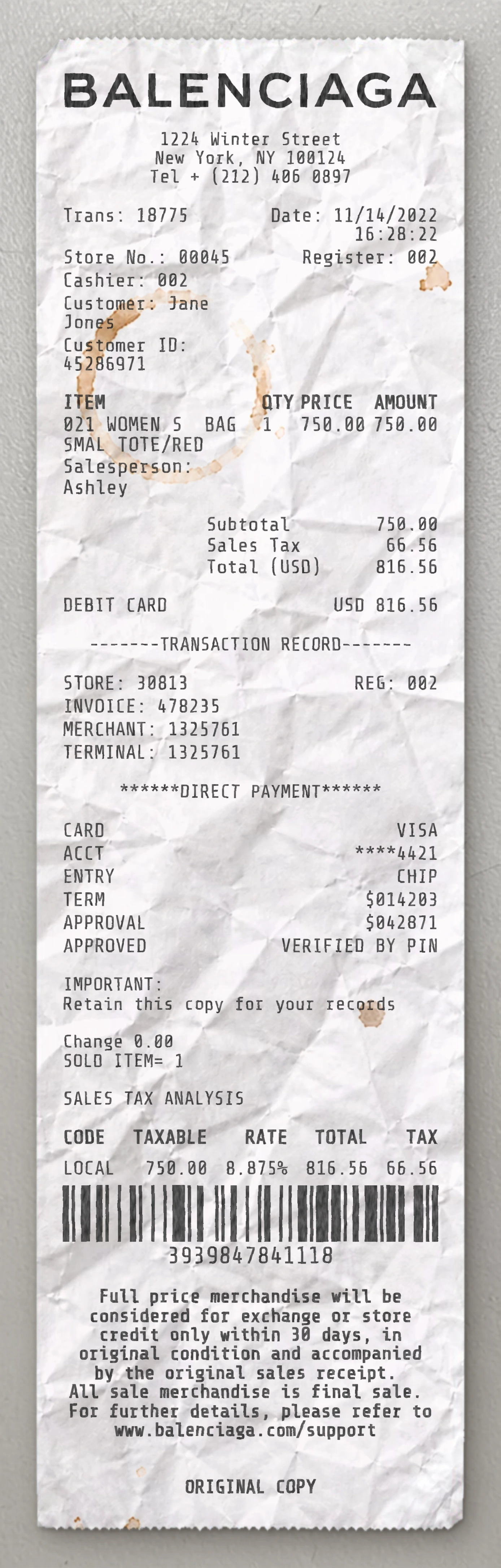 Balenciaga sample receipt preview