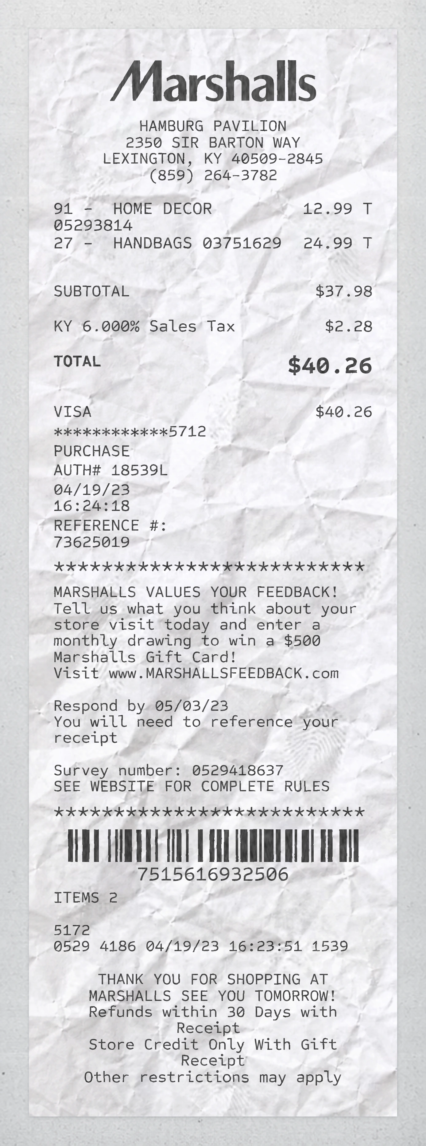 Marshalls sample receipt preview