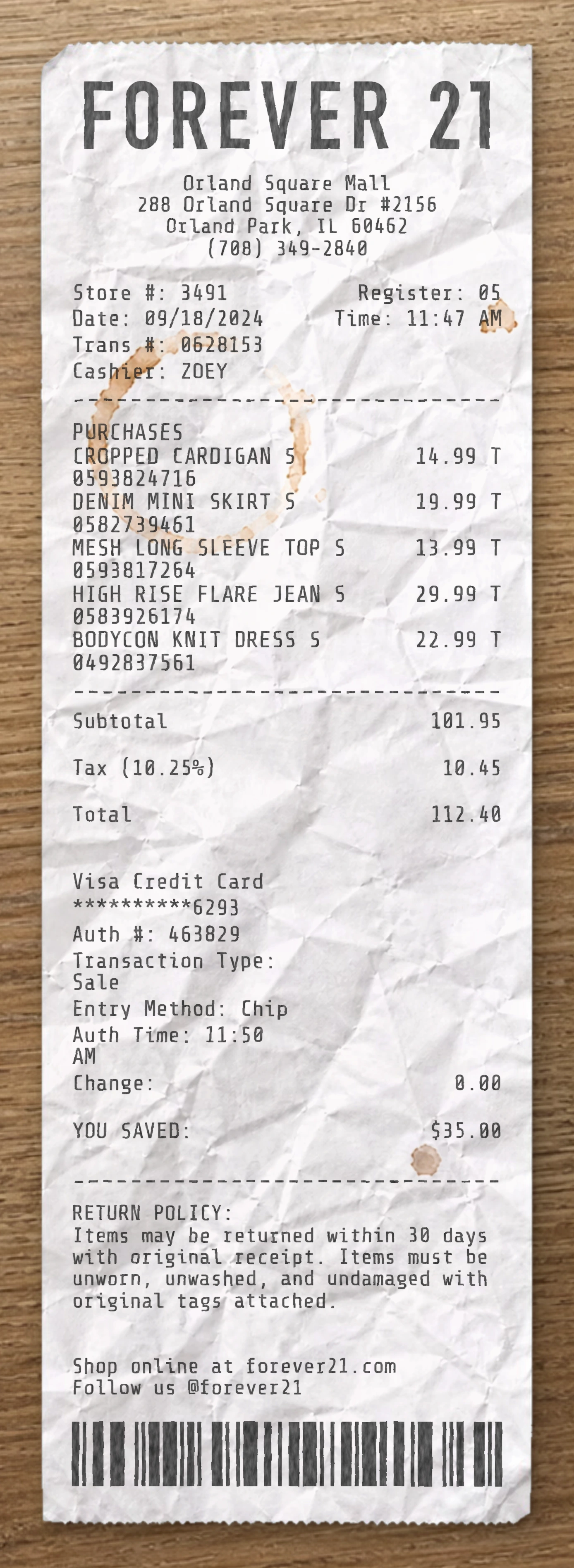 Forever 21 sample receipt preview