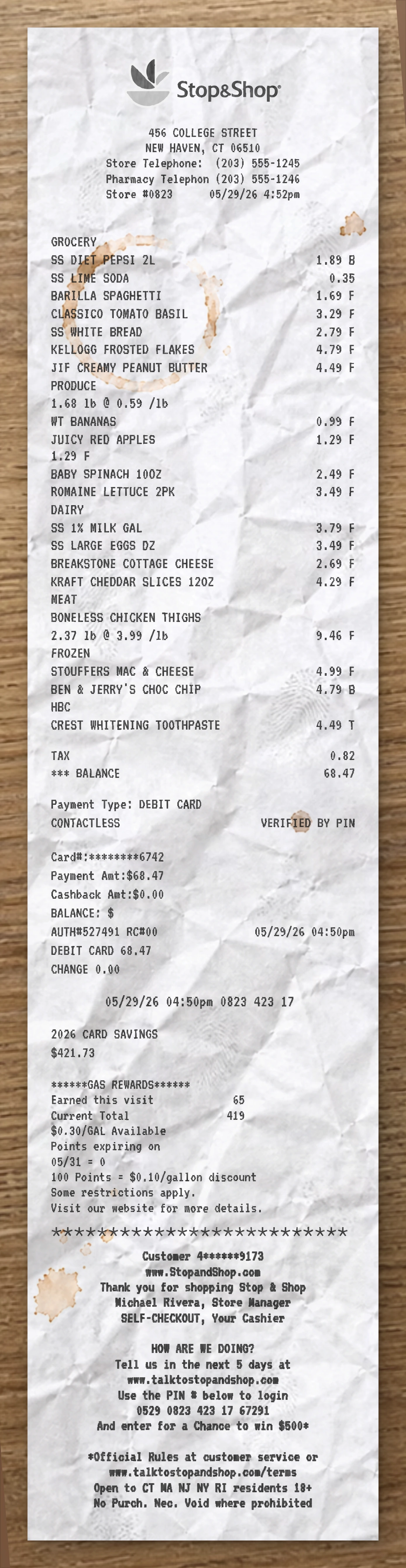 Stop and Shop sample receipt preview