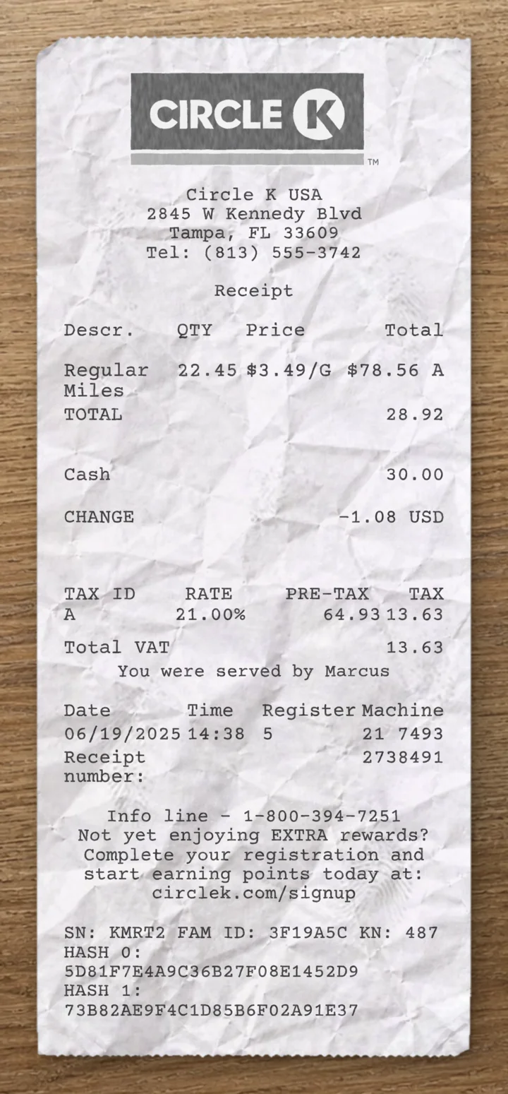 Circle K sample receipt preview