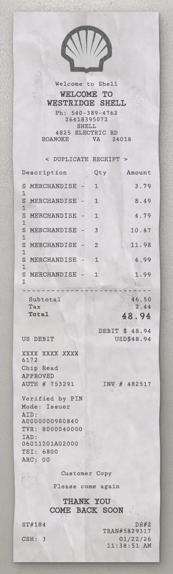 Shell Store sample receipt preview
