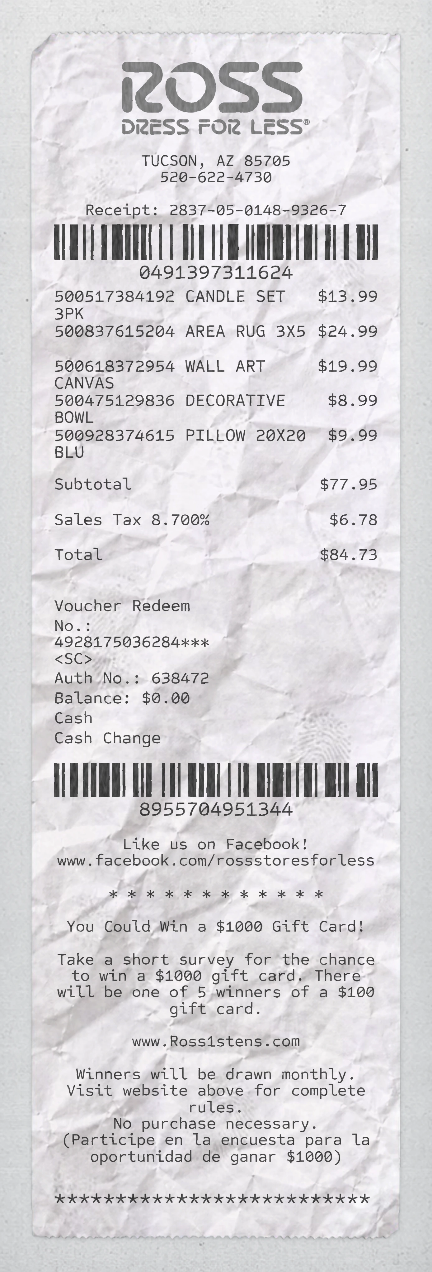 ROSS Dress For Less sample receipt preview