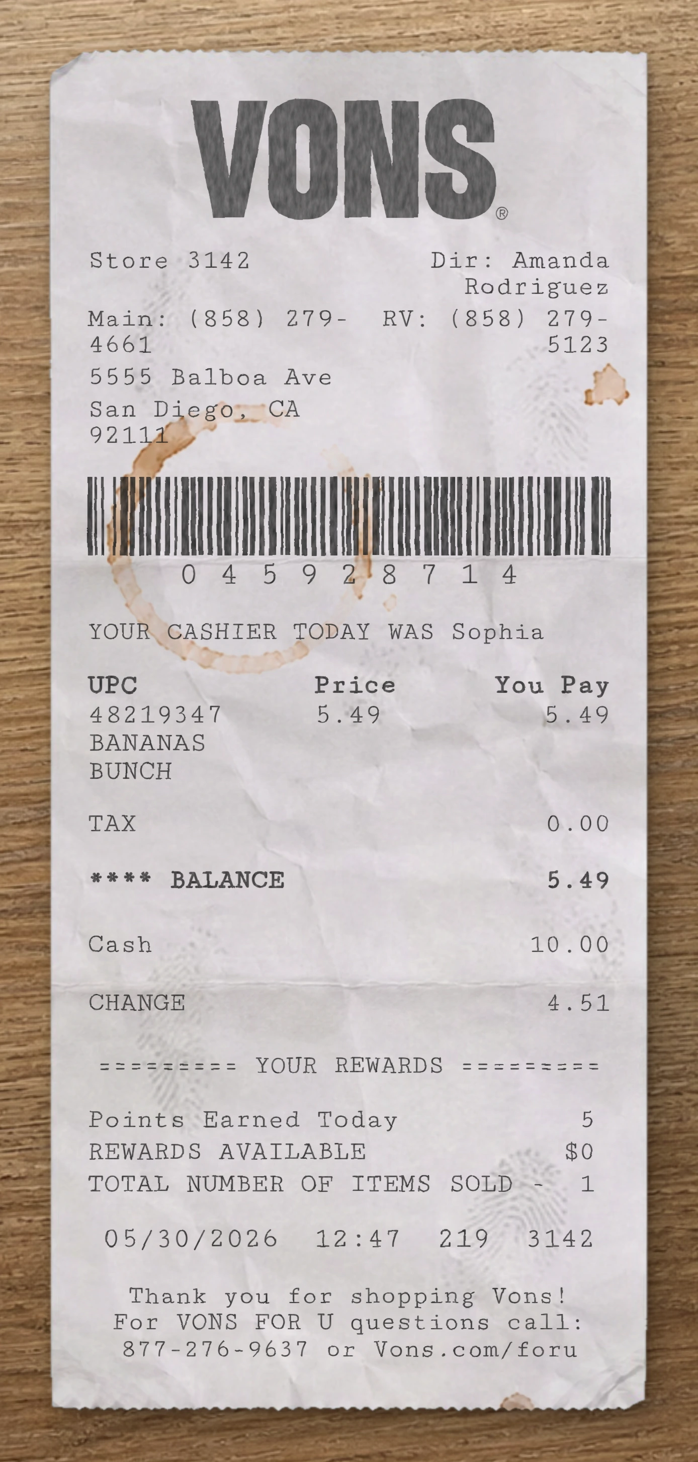 Vons sample receipt preview