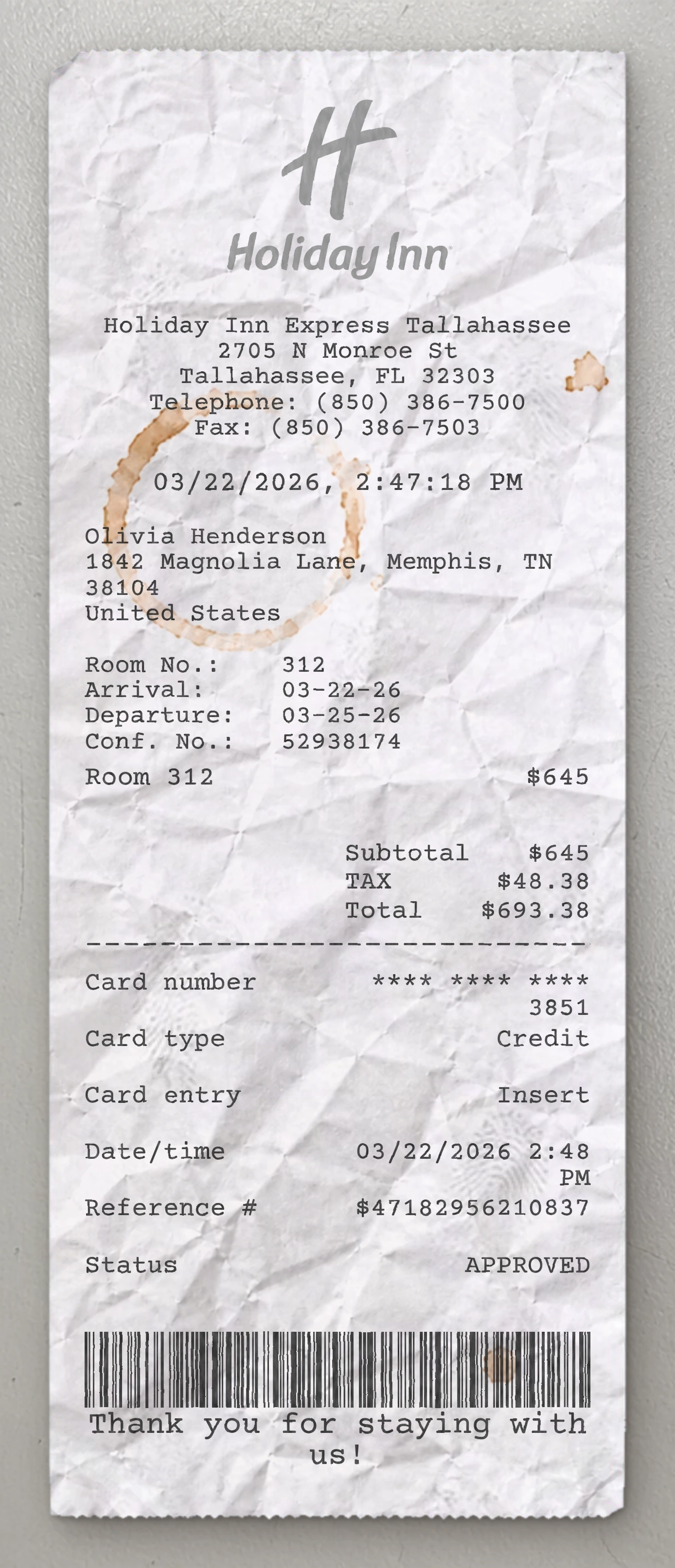 Holiday Inn sample receipt preview