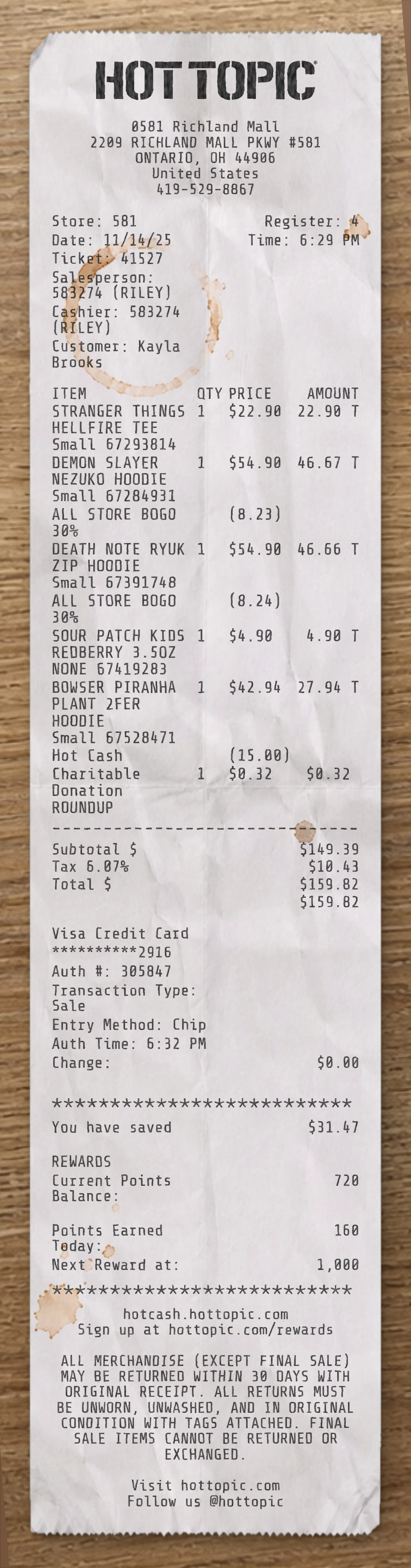 Hot Topic sample receipt preview