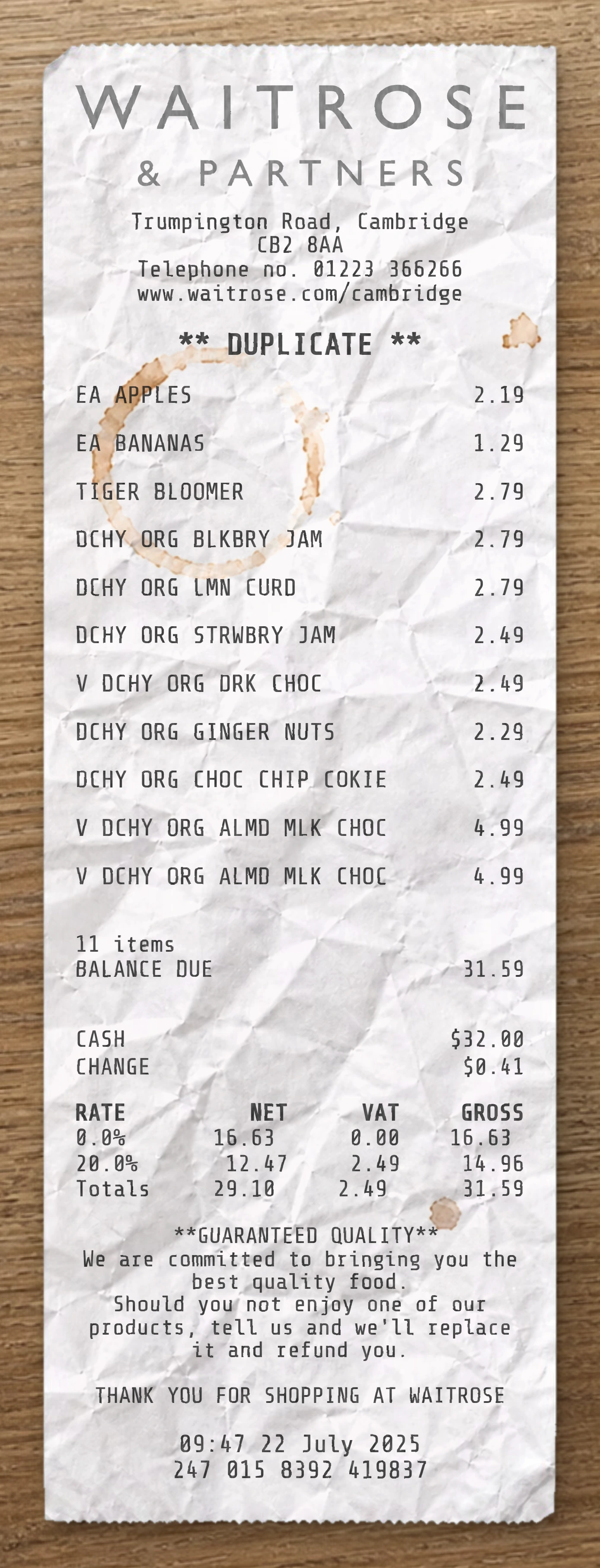 Waitrose and Partners sample receipt preview