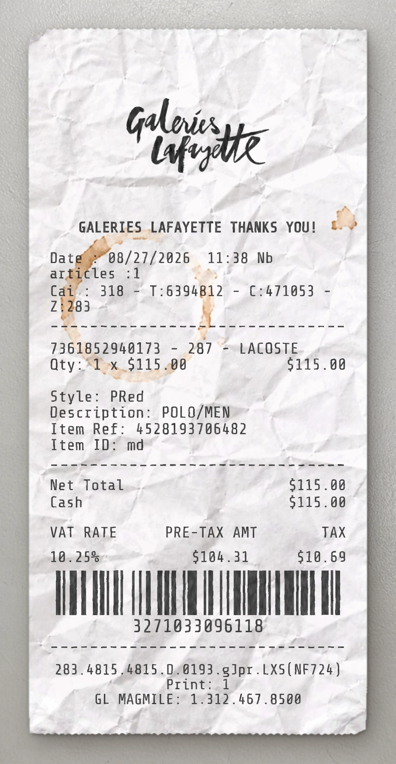 Galerie Lafayette sample receipt preview