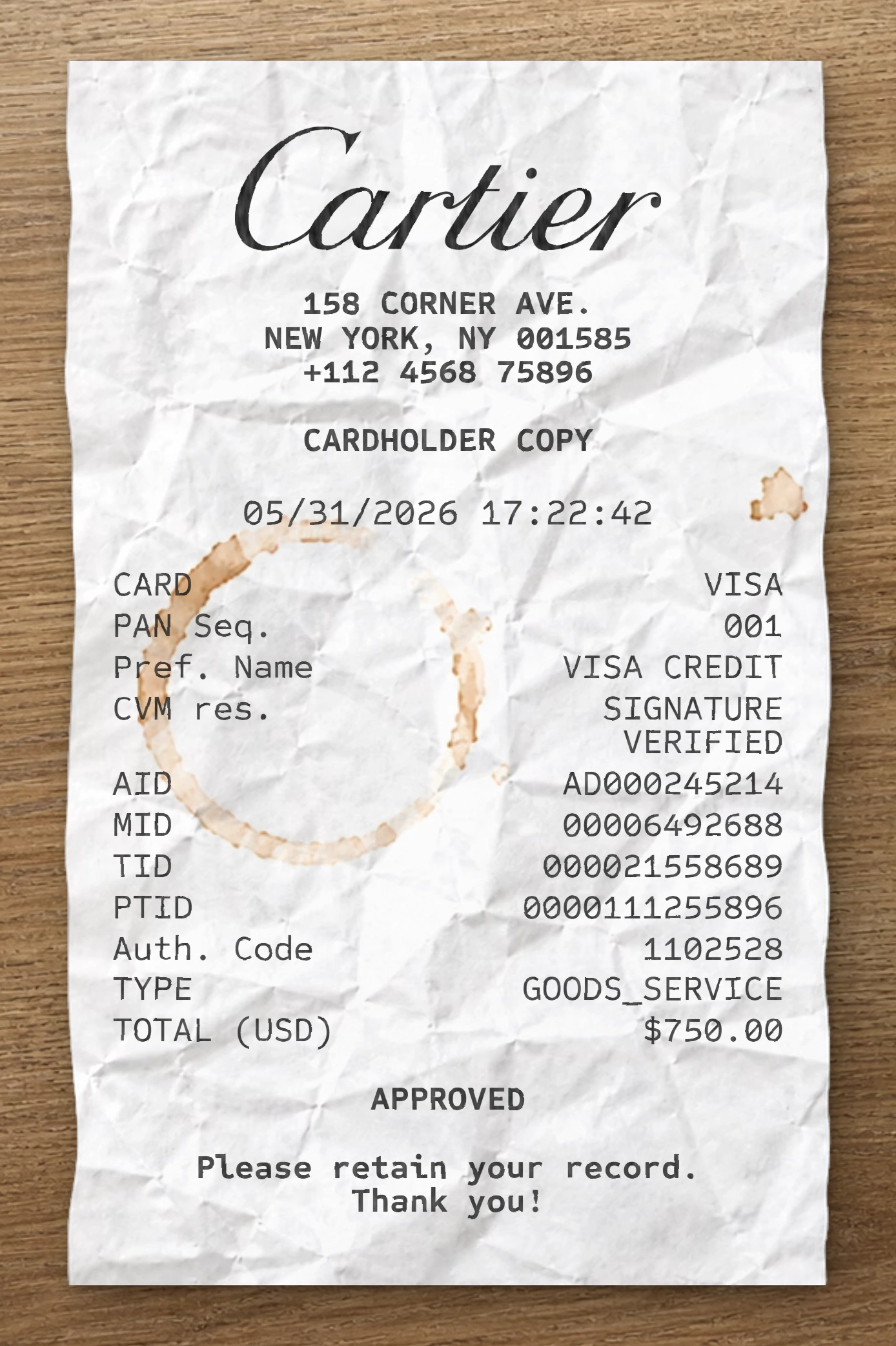 Cartier sample receipt preview