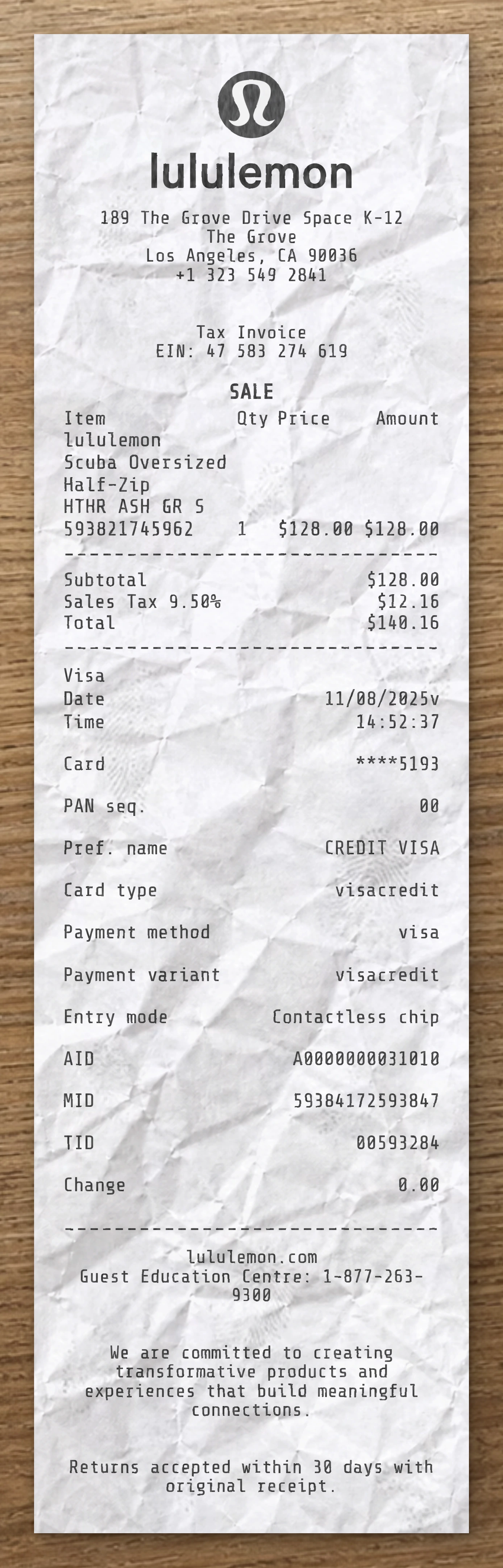 Lululemon sample receipt preview
