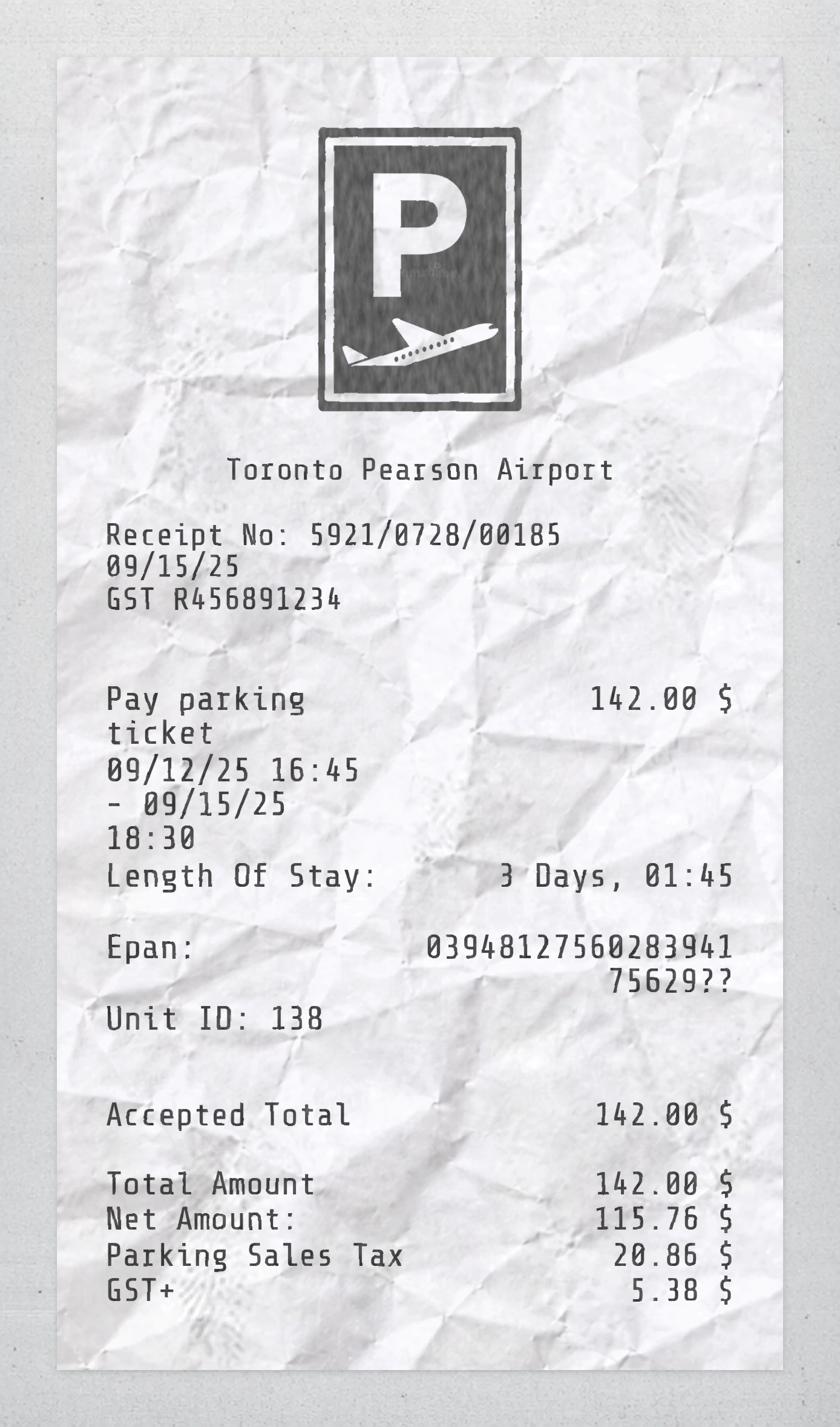 Airport Parking sample receipt preview