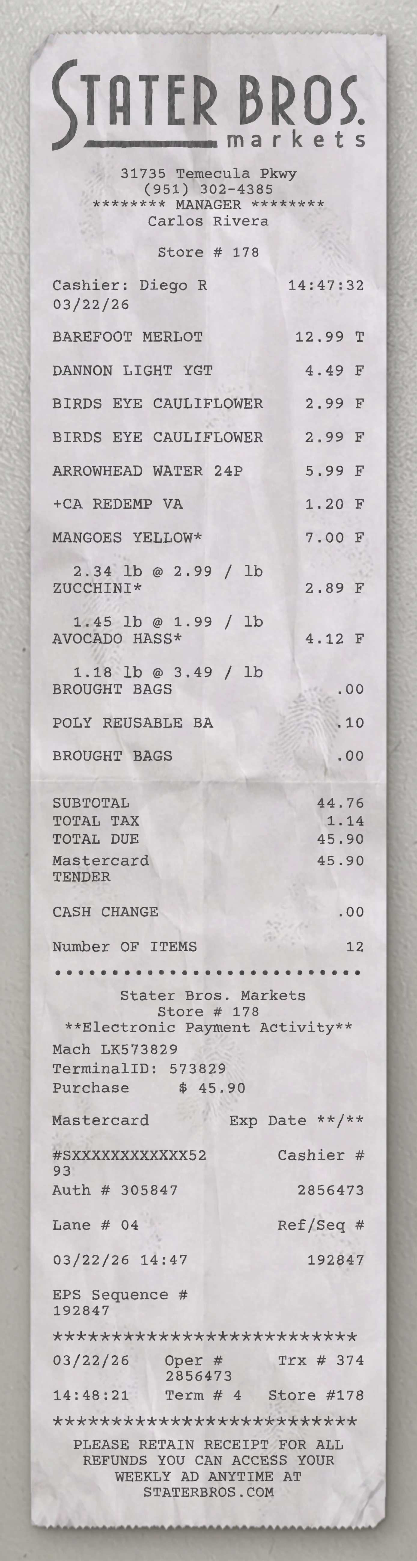 Stater Bros. sample receipt preview