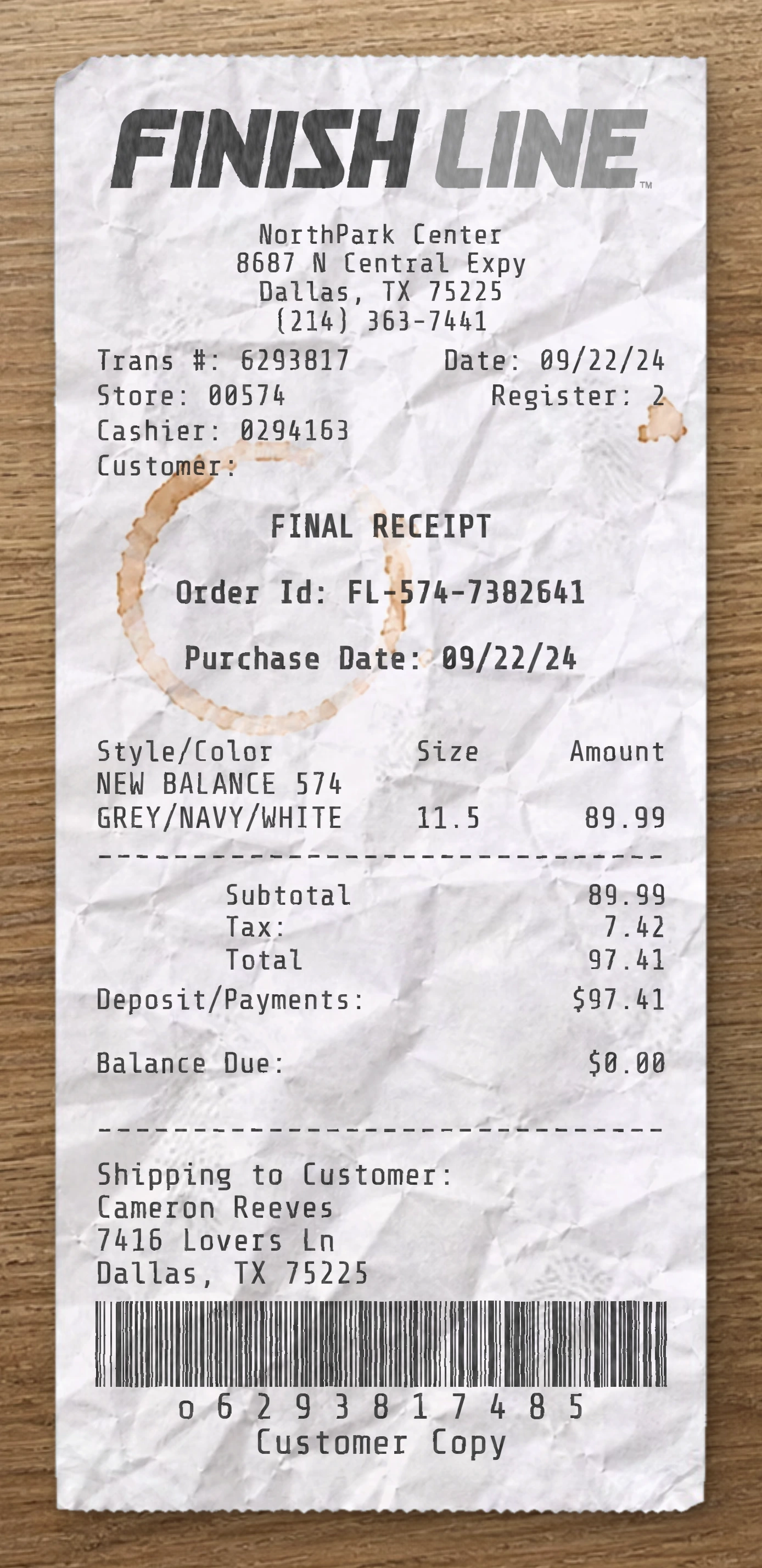 Finish Line sample receipt preview