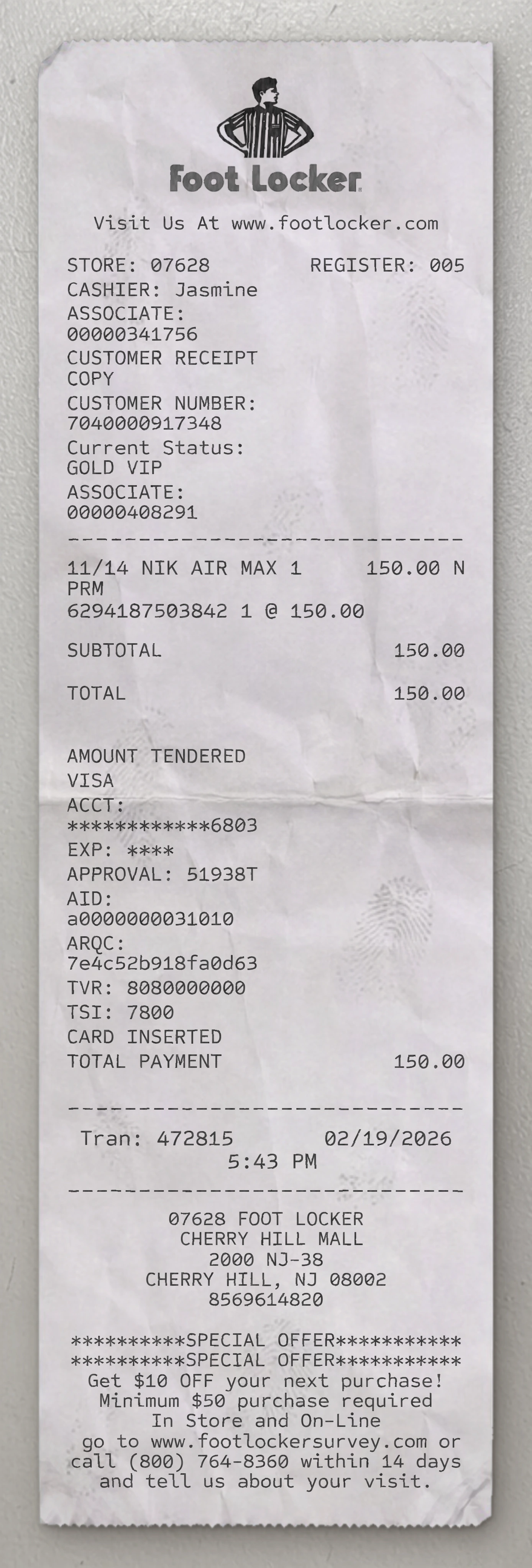 Foot Locker sample receipt preview