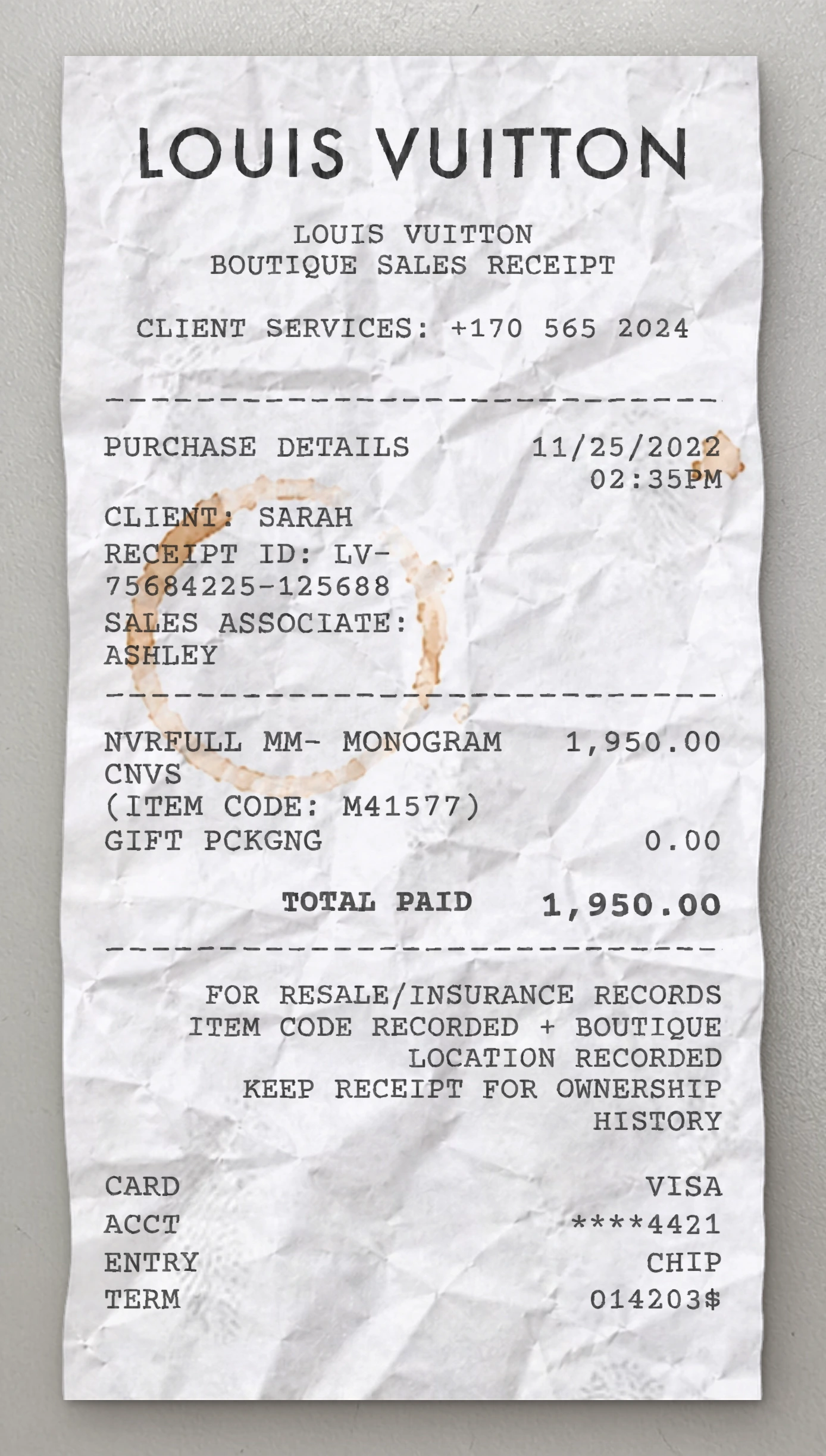 Louis Vuitton sample receipt preview