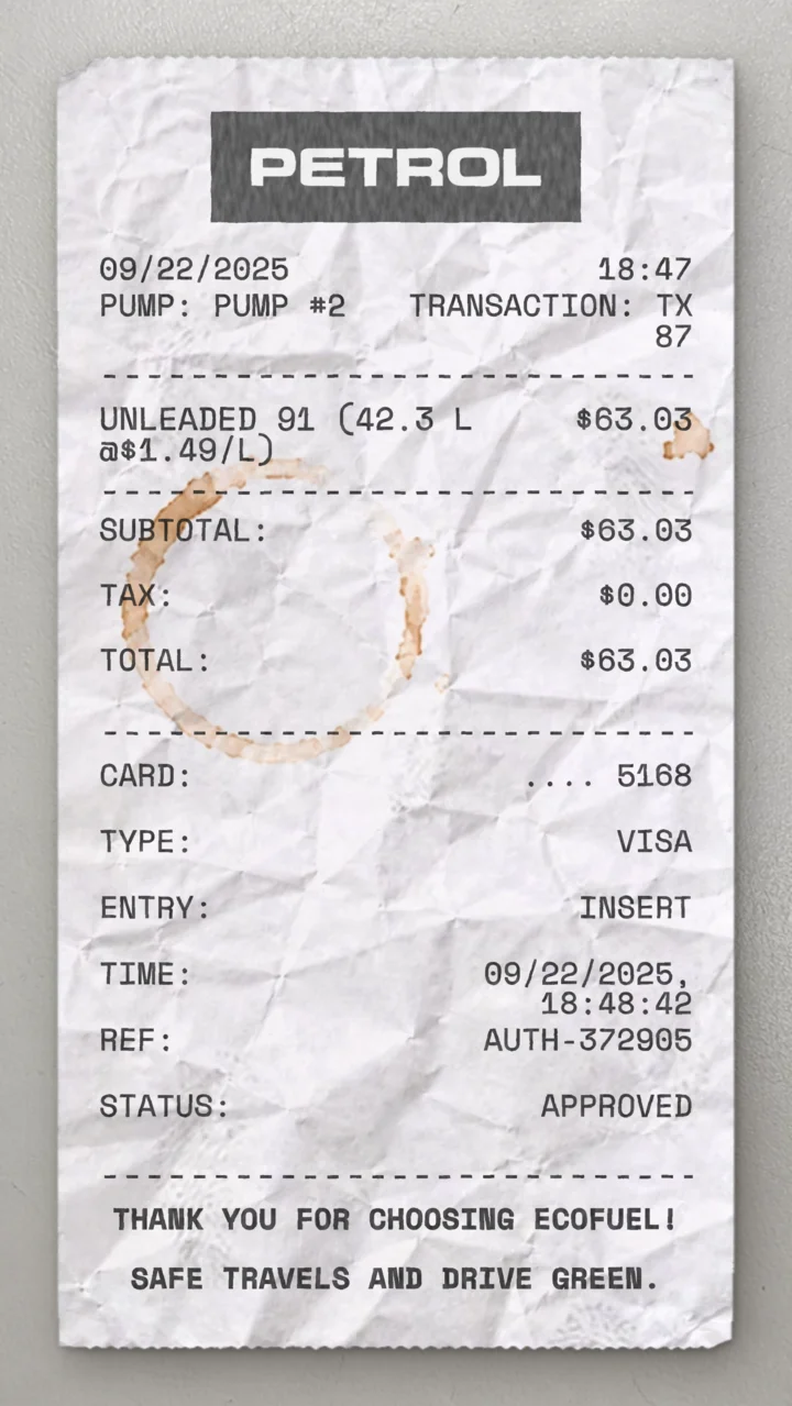 Petrol sample receipt preview