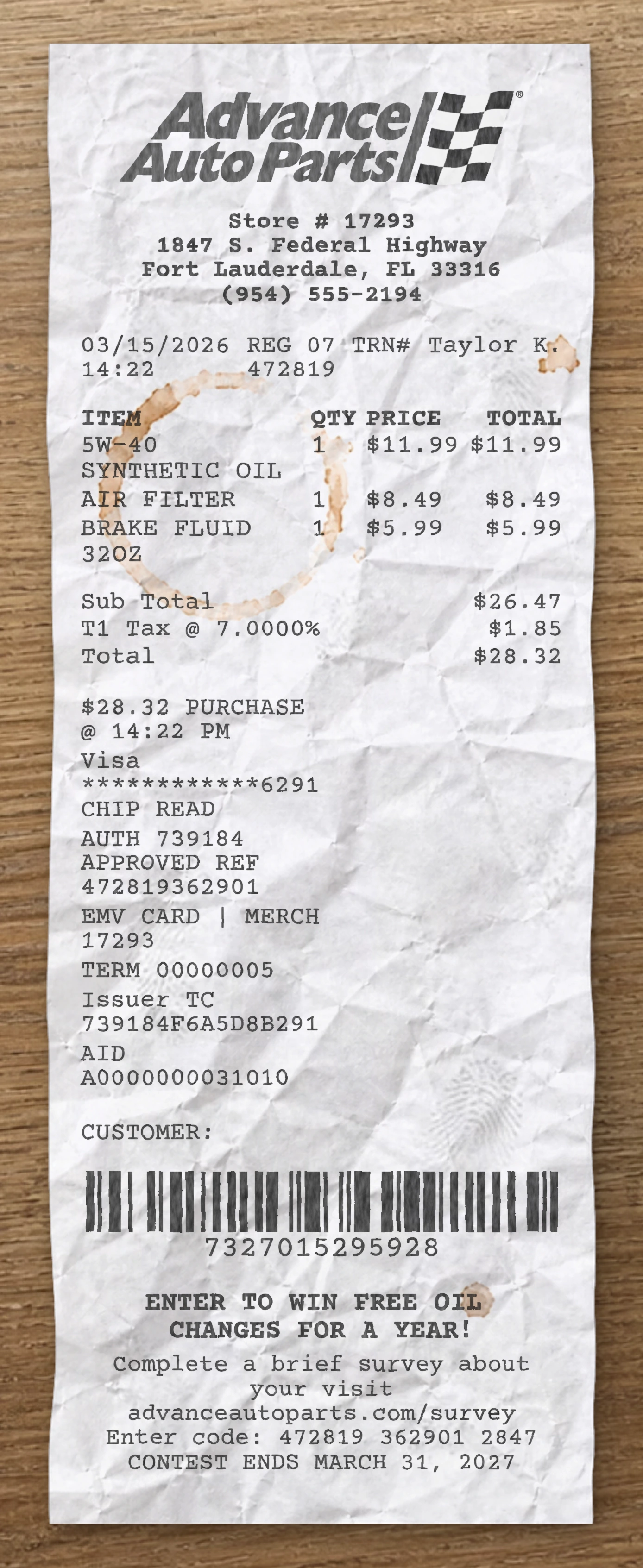 Advance Auto Parts receipt preview